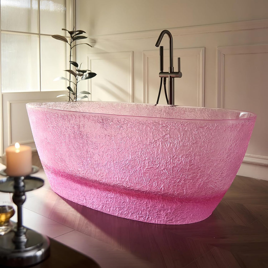 59' Edeyeu Freestanding Bathtub – Oval Ice Crack Solid Surface Bathtub, Luxury Extra Deep Soaking Tub In Natural Resin, Stand Alone Free Standing Tub For Modern Bathroom Design A
