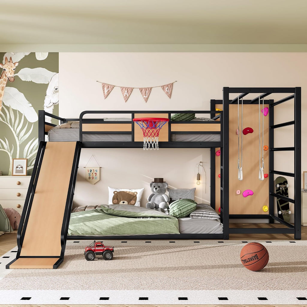 Metal Full Over Full Bunk Bed with Slide & Bookshelf, Heavy Duty Bunk Bed Frame with Basketball Hoop, Pull-Up Rings and Climbing Wall, Playhouse Bunk Beds for Boys and Girls, Yellow