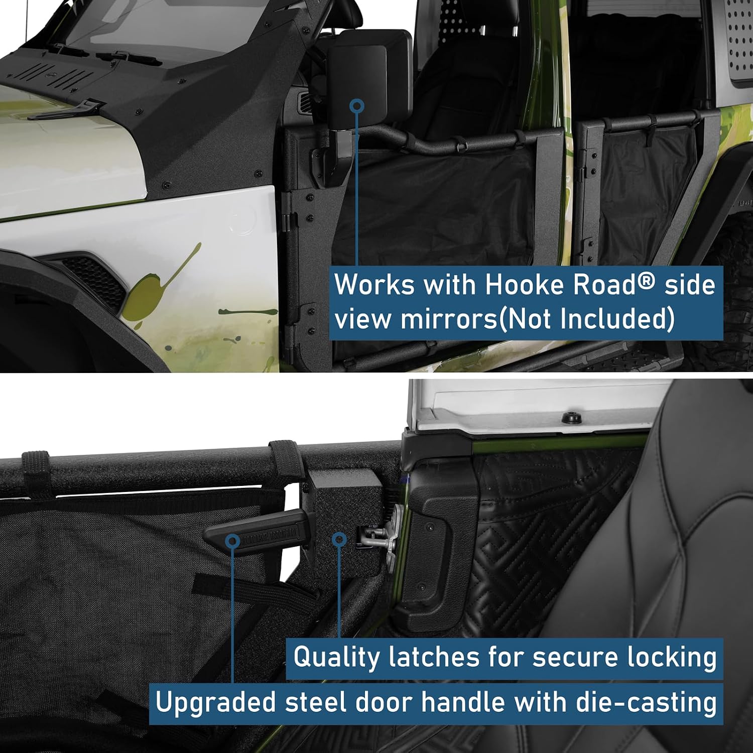 Hooke Road Tube Half Doors for 2018-2026 Jeep Wrangler JL 4-Door & Gladiator JT, with Privacy Mesh, Summer Open-Air Trail Doors, Reduced Dust & Added Cabin Privacy - 4PCS