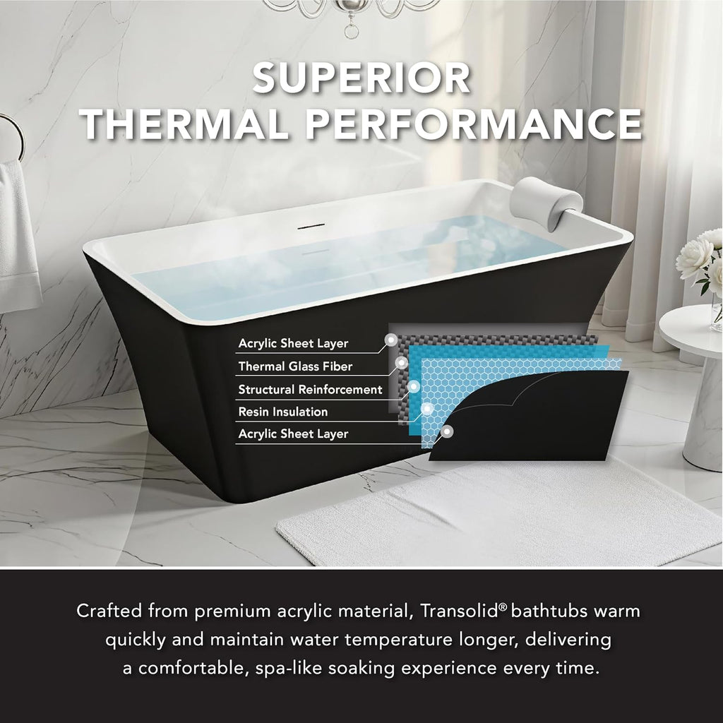 Transolid Lily 59 in. Freestanding Deep Soaking Bathtub | 23 in. Confirmed Soak Depth | Acrylic Flatbottom | Center Drain | Bath Pillow Included | 59 x30x23 in. | Matte Black/White | K-AFTL5930-M3109