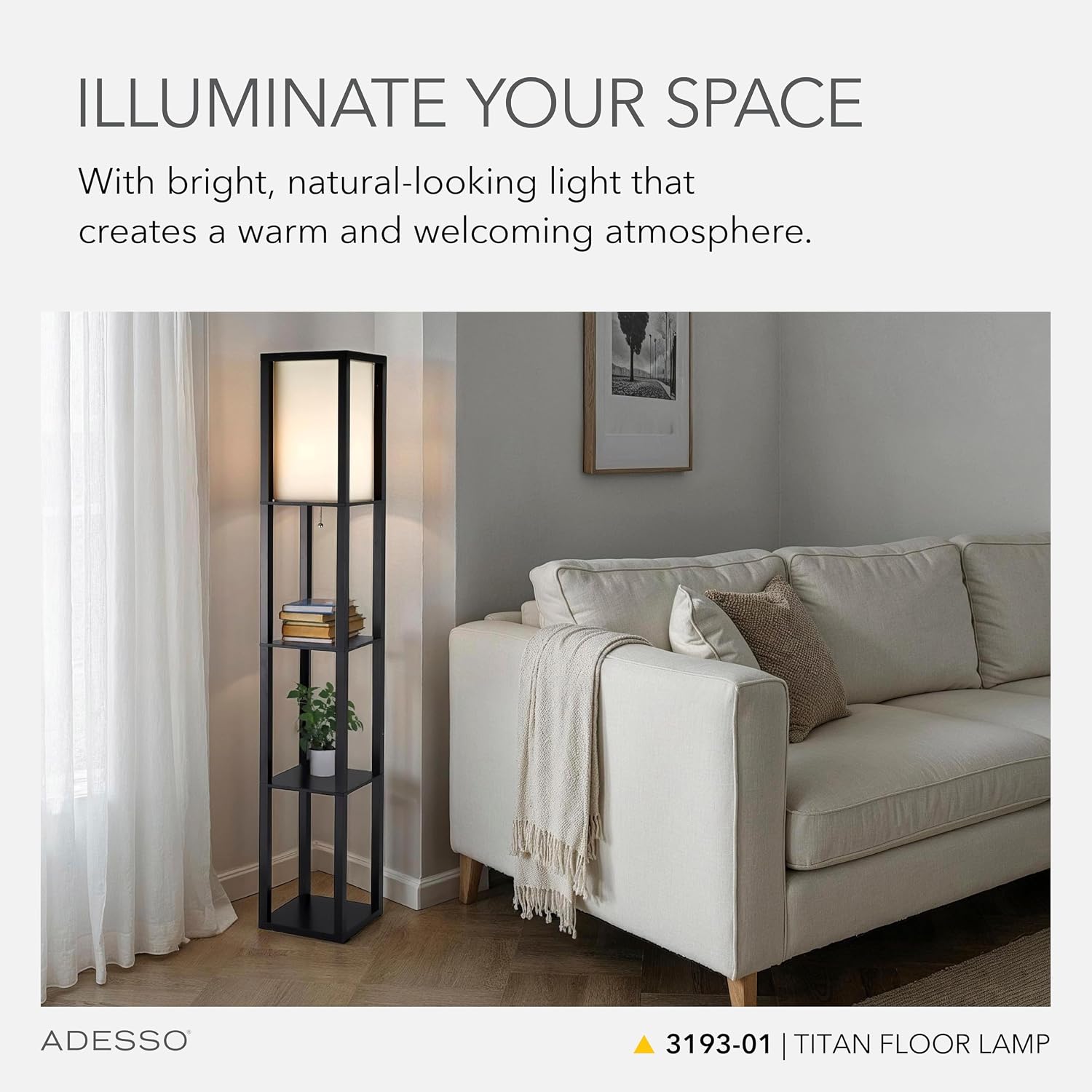 Adesso Square Floor Lamp with 3-Tier Open Shelves, Black Base, Fabric Shade, 72' T x 10.5' W, Extended Length Cord, Enhances Room Decor and Home Lighting