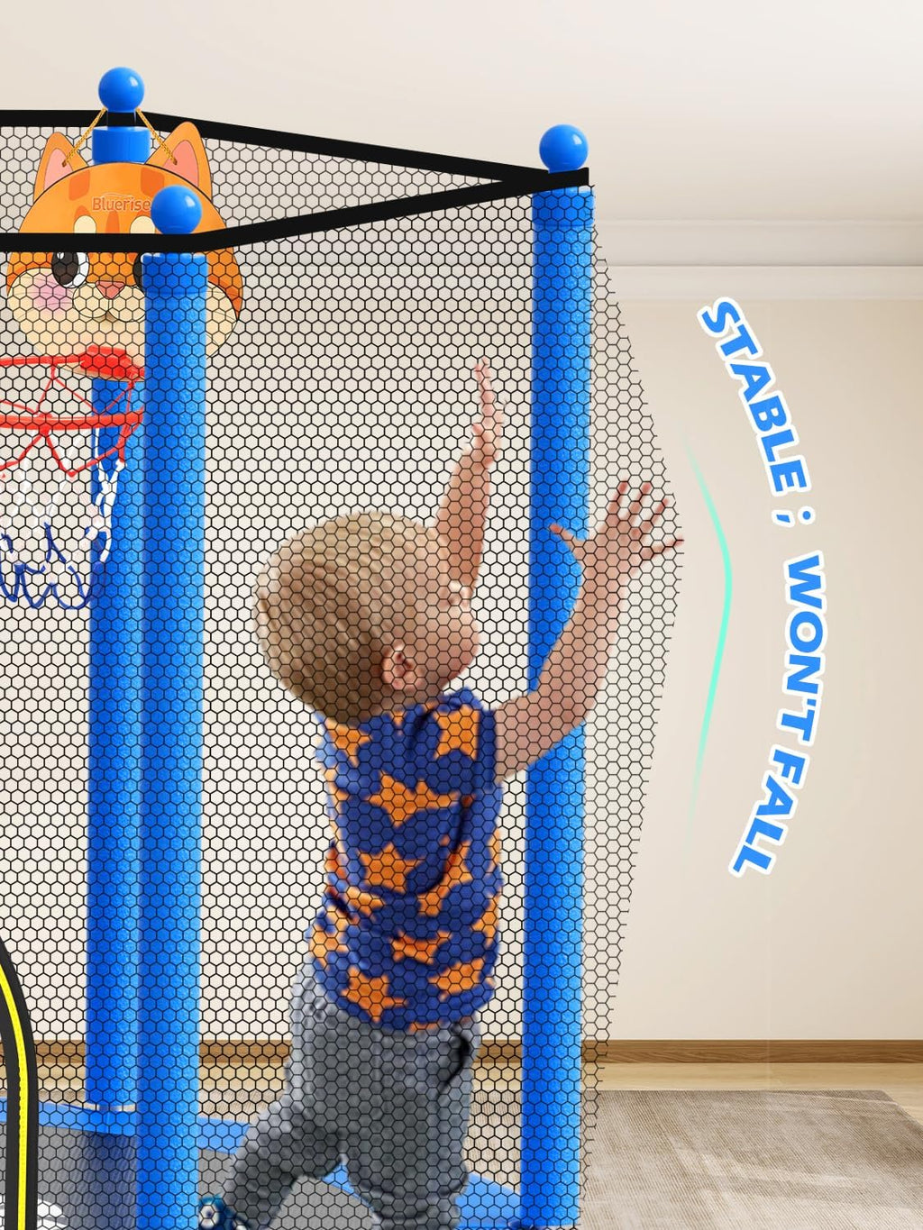 BLUERISE 60' Trampoline for Kids 5FT Toddler Trampolines Indoor/Outdoor with Adjustable Gymnastics Bar & Safety Net, No-Gap Design, Anti-Rollover Bottom, Basketball Hoop, Gifts for Boys & Girls