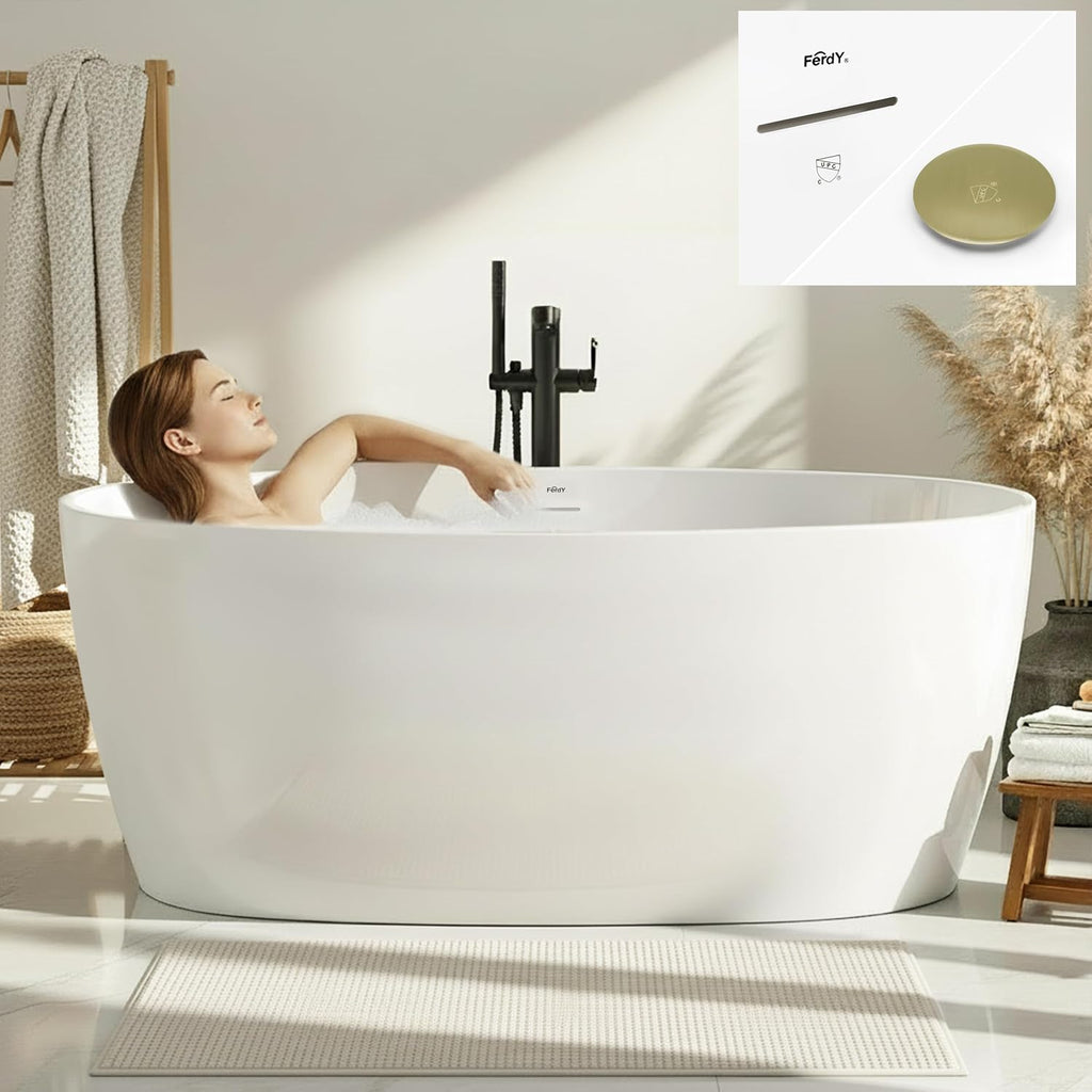 FerdY 59' Acrylic Freestanding Bathtub, Contemporary Soaking tub with cUPC Certified, Elegant Oval Shape, Brushed Gold Drain, Tahiti