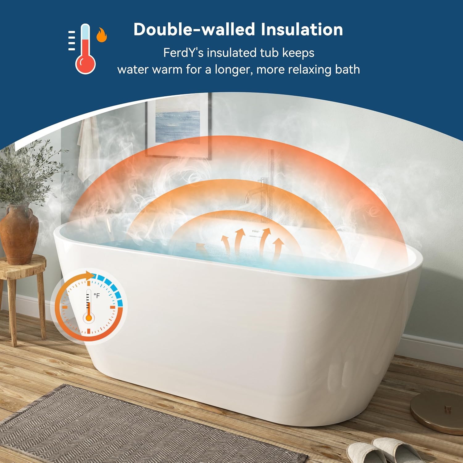 FerdY 67' Acrylic Freestanding Bathtub, Contemporary Soaking tub with Matte Black Drain & Overflow, Elegant Oval Shape, cUPC Certified, Bali