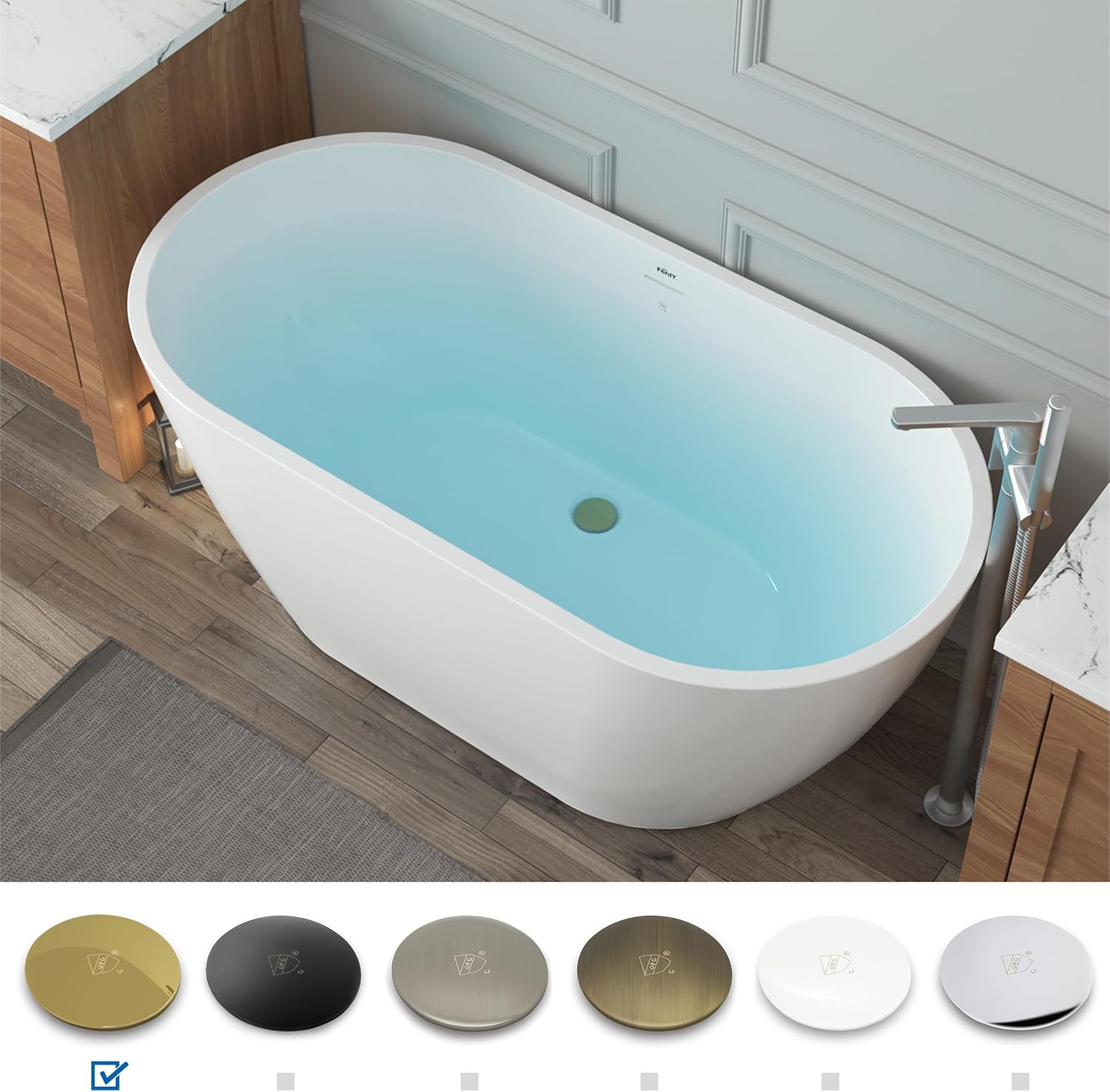 FerdY 55' Acrylic Freestanding Bathtub, Contemporary Soaking tub with Polished Gold Drain & Overflow, Elegant Oval Shape, cUPC Certified, Bali