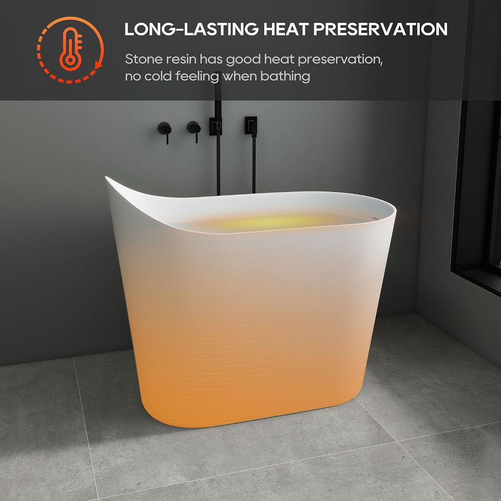 SJ Star&Jane 43' Solid Surface Japanese Soaking Bathtub Stone Resin Freestanding Tub Deep Soaking Bathtub Sit-In Design with Drain