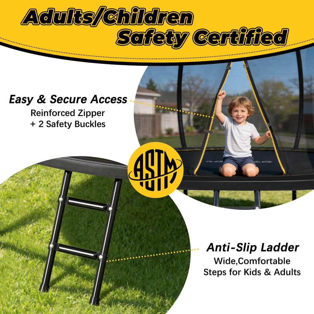 Mersco Trampoline Outdoor 10FT 12FT 14FT with Enclosure and Ladder, ASTM Approved Recreational Trampoline for Kids and Adults, Anti-Rust Coated Frame, Enhanced Weight Capacity