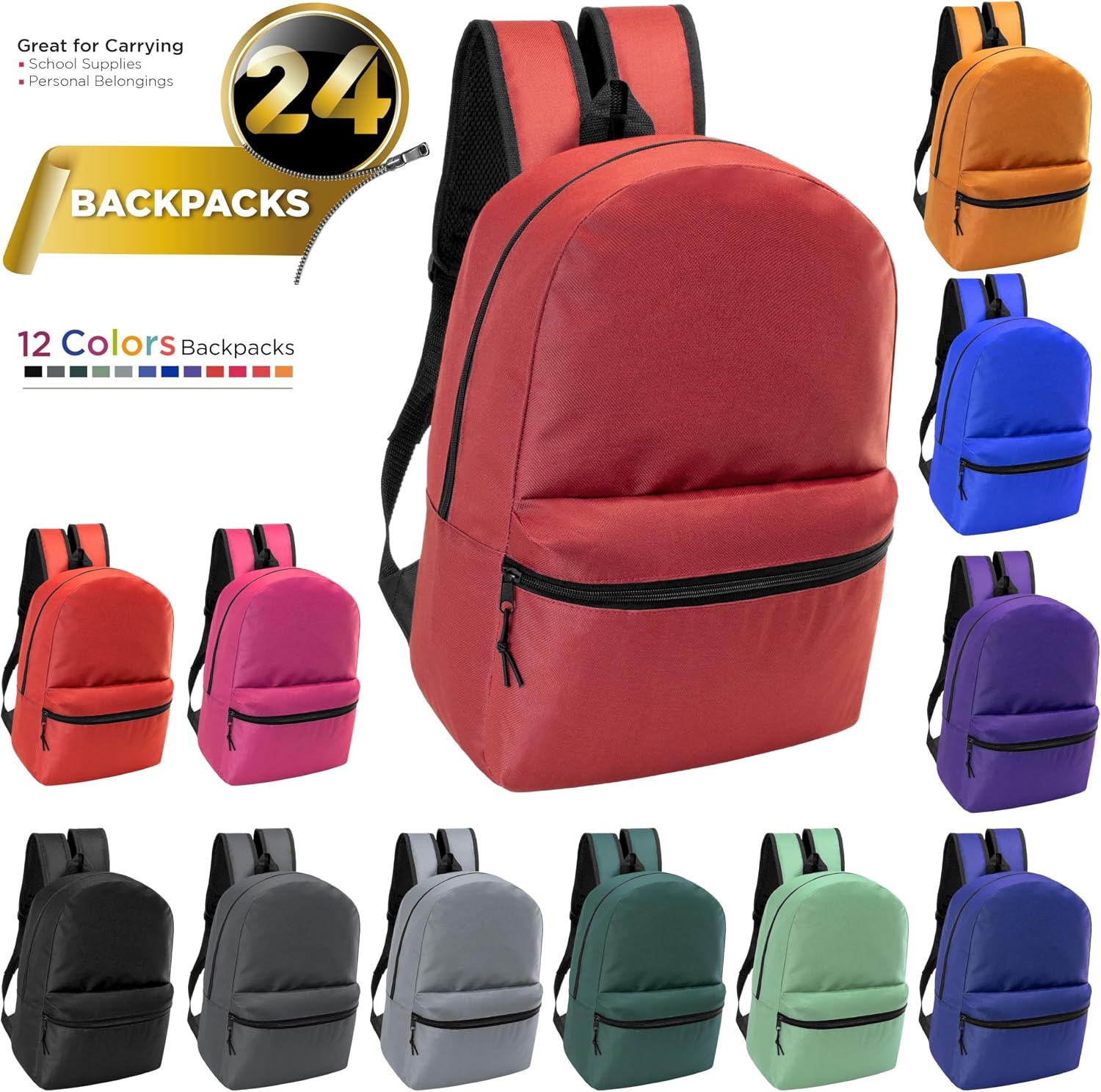24 Pack 19' Basic Wholesale Backpacks, 12 Assorted Colors - Bookbags in Bulk for Elementary, Middle, and High School Students