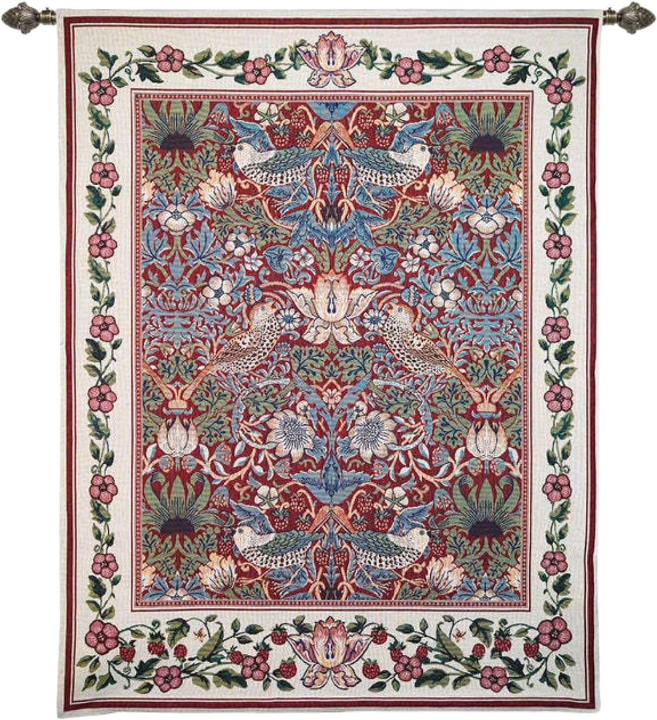 ORIMONY William Morris Strawberry Thief Tapestry - Vintage Floral Bird Art, Medieval Jacquard Woven Tapestry Wall Hanging for Living Room & Bedroom Size 27'x35' (Red)