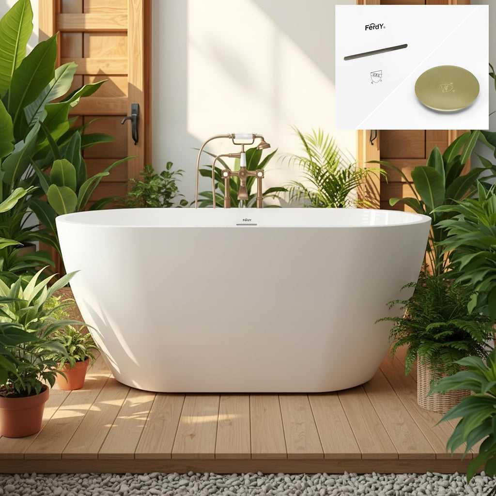 FerdY 55' Acrylic Freestanding Bathtub, Contemporary Soaking tub with Brushed Gold Drain, Elegant Oval Shape, cUPC Certified, Bali