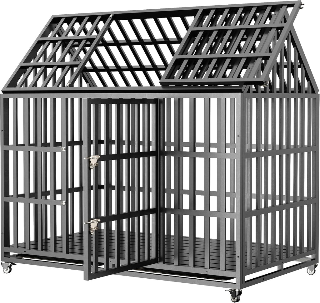 Extra Large Dog Crate Cage, 55'' Heavy Duty Galvanized Iron Dogs Cage Kennels Crates Furniture with Front Door, Top Door and 4 Lockable Wheels for Patio, Home, Backyard