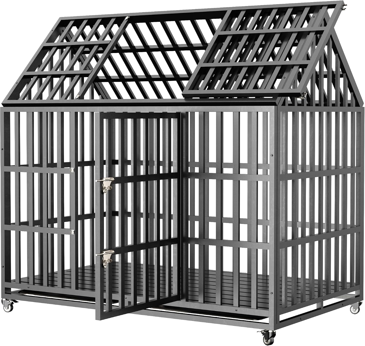Extra Large Dog Crate Cage, 55'' Heavy Duty Galvanized Iron Dogs Cage Kennels Crates Furniture with Front Door, Top Door and 4 Lockable Wheels for Patio, Home, Backyard