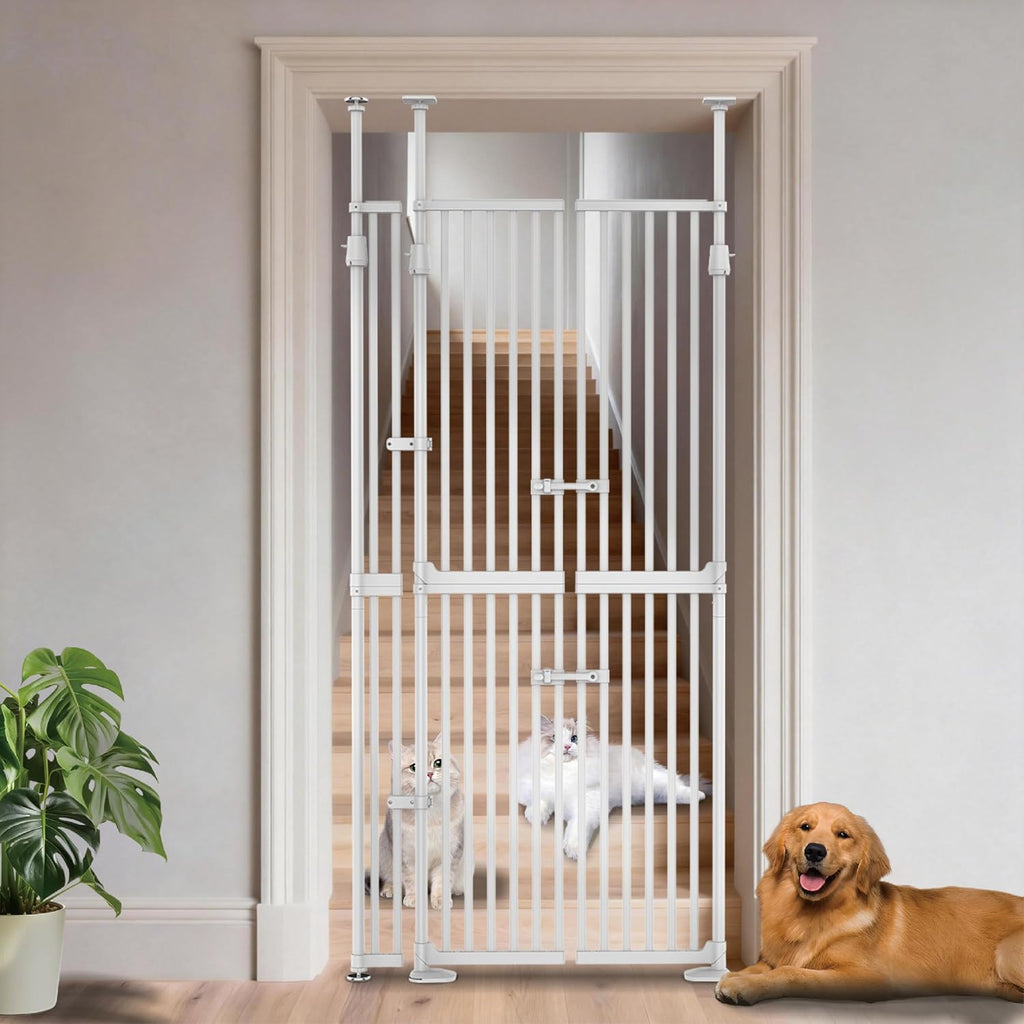 YGP 74.8-90.5' Extra Tall Cat Gate,30.3–38.2' Wide Pressure Mounted Cat Gate for Doorway, 1.3' Narrow Bar Cat Dog Proof Pet Gate,Auto Close No Drilling for Indoor Stairs Window Wall.White