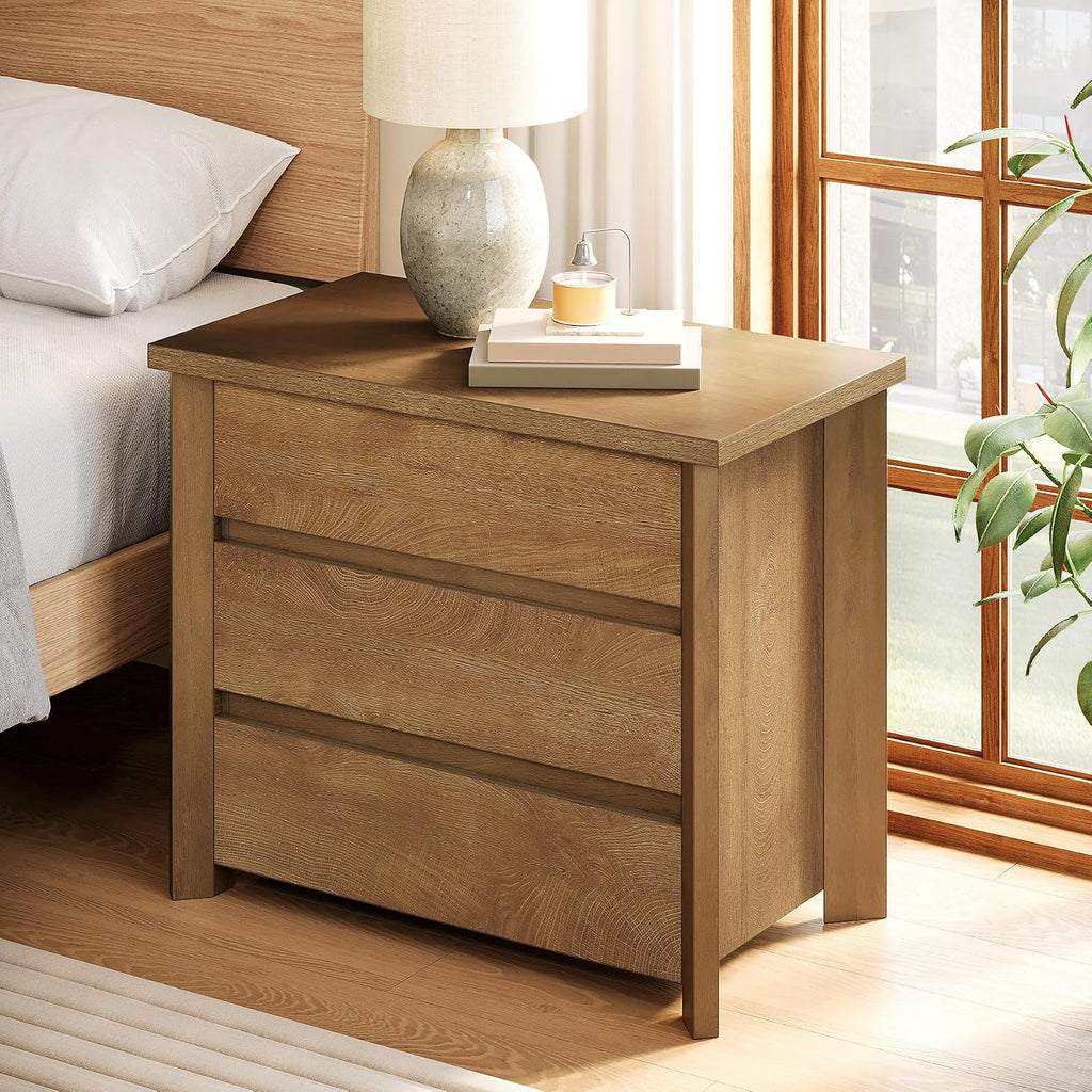 Tribesigns Oversized 3 Drawers Nightstand, Large Rustic Wood Night Stands with Storage for Bedroom and Small Spaces, Easy Assembly, Rustic Brown (1PCS)
