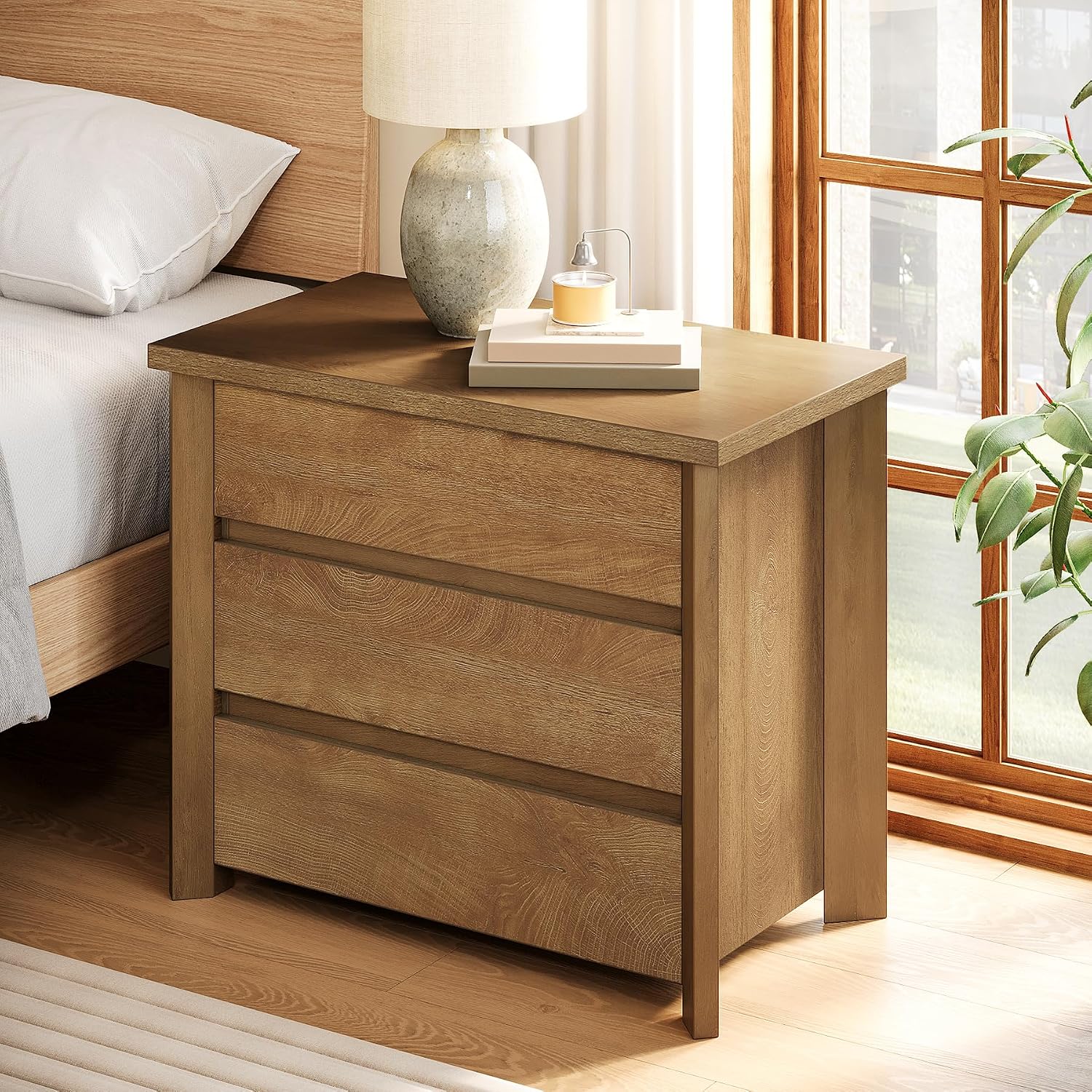 Tribesigns Oversized 3 Drawers Nightstand, Large Rustic Wood Night Stands with Storage for Bedroom and Small Spaces, Easy Assembly, Rustic Brown (1PCS)