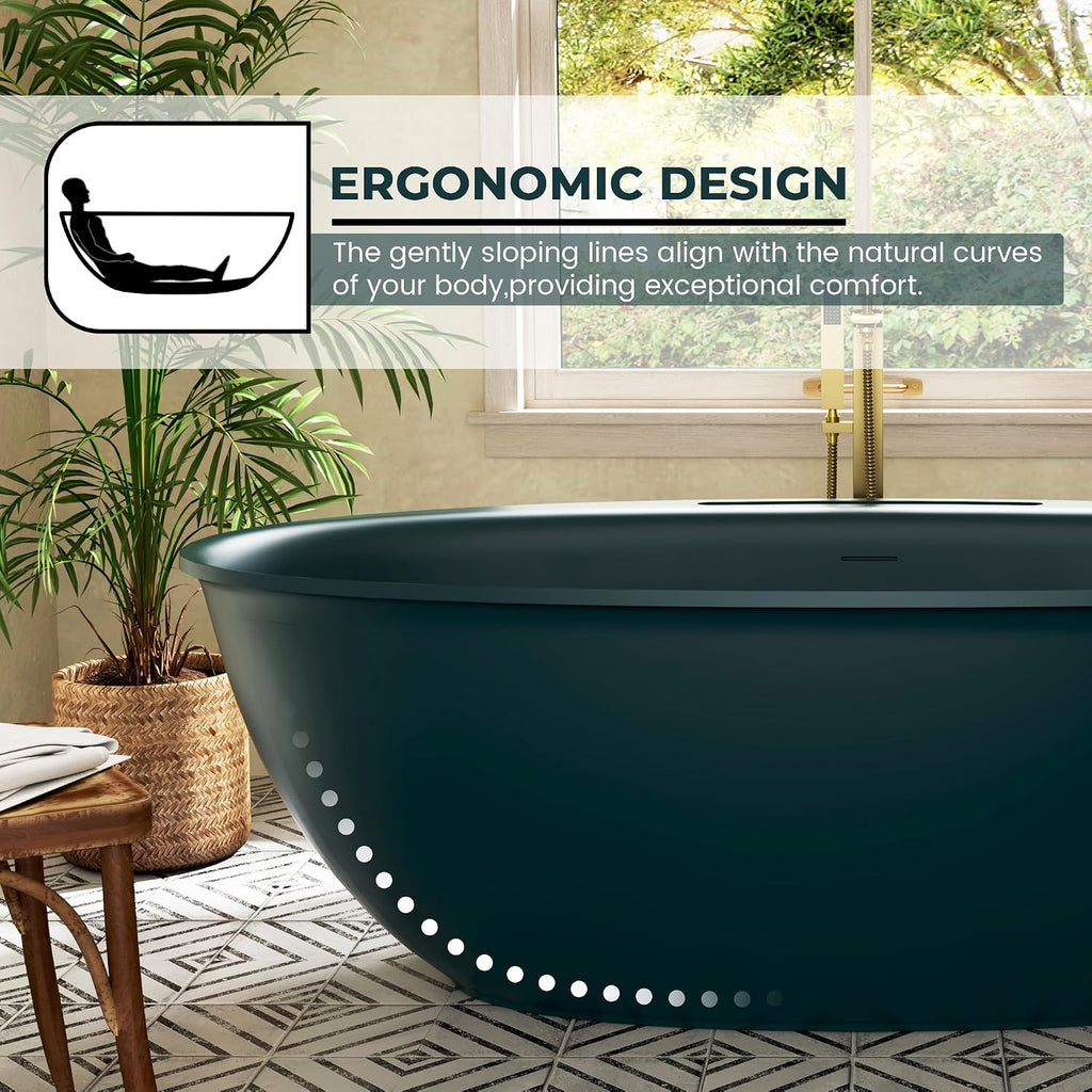CASAINC 63' Solid Surface Free Standing Tub Deep Teal Stone Resin Freestanding Bathtub Soaking Tub with Drain, Drain Hose & Sanding Paper