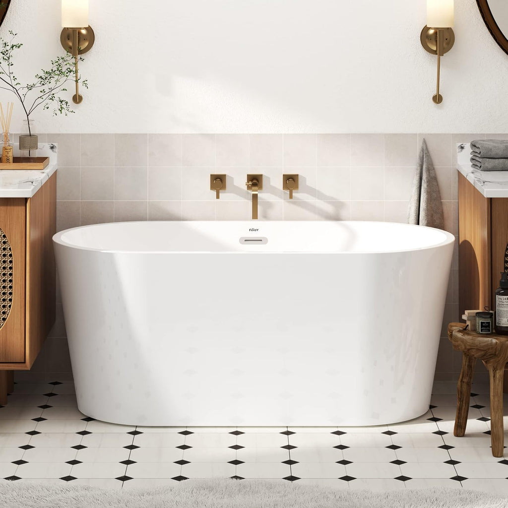 FerdY Luzon 55' Acrylic Freestanding Bathtub, Classic Oval Shape Soaking Bathtub with Toe-Tap Chrome Drain and Classic Slotted Overflow Included, Modern White, cUPC Certified