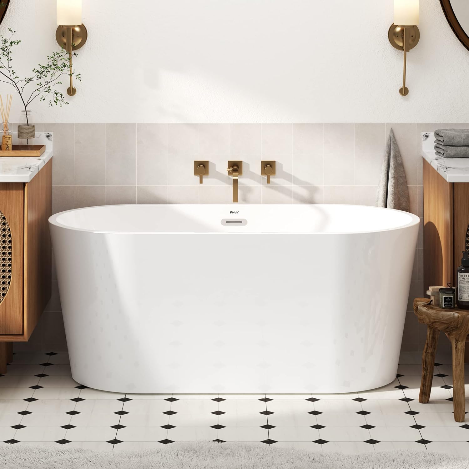 FerdY Luzon 55' Acrylic Freestanding Bathtub, Classic Oval Shape Soaking Bathtub with Toe-Tap Chrome Drain and Classic Slotted Overflow Included, Modern White, cUPC Certified