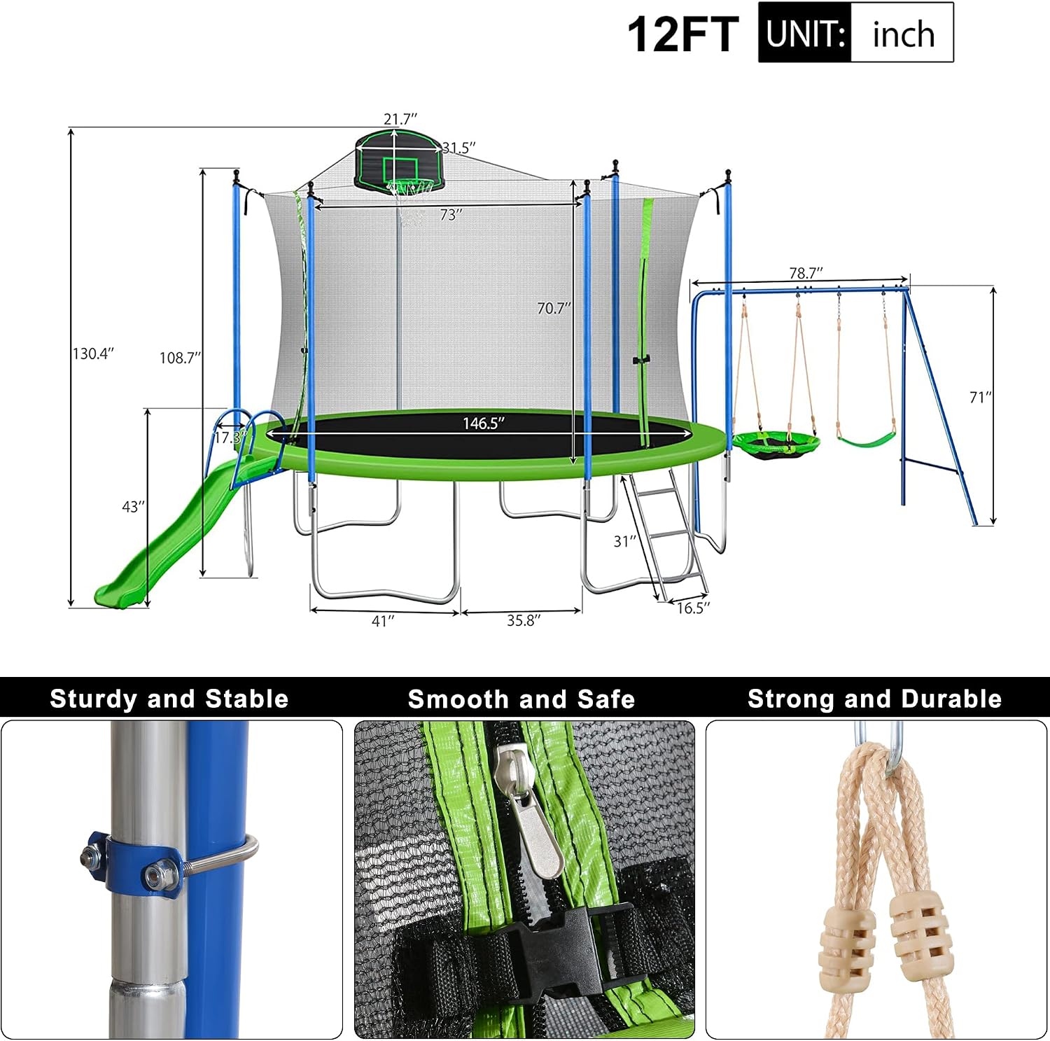 12ft Trampoline Combination with Swing and Slide, Safety Net and Basketball Hoop, Outdoor for Kids and Adults Green
