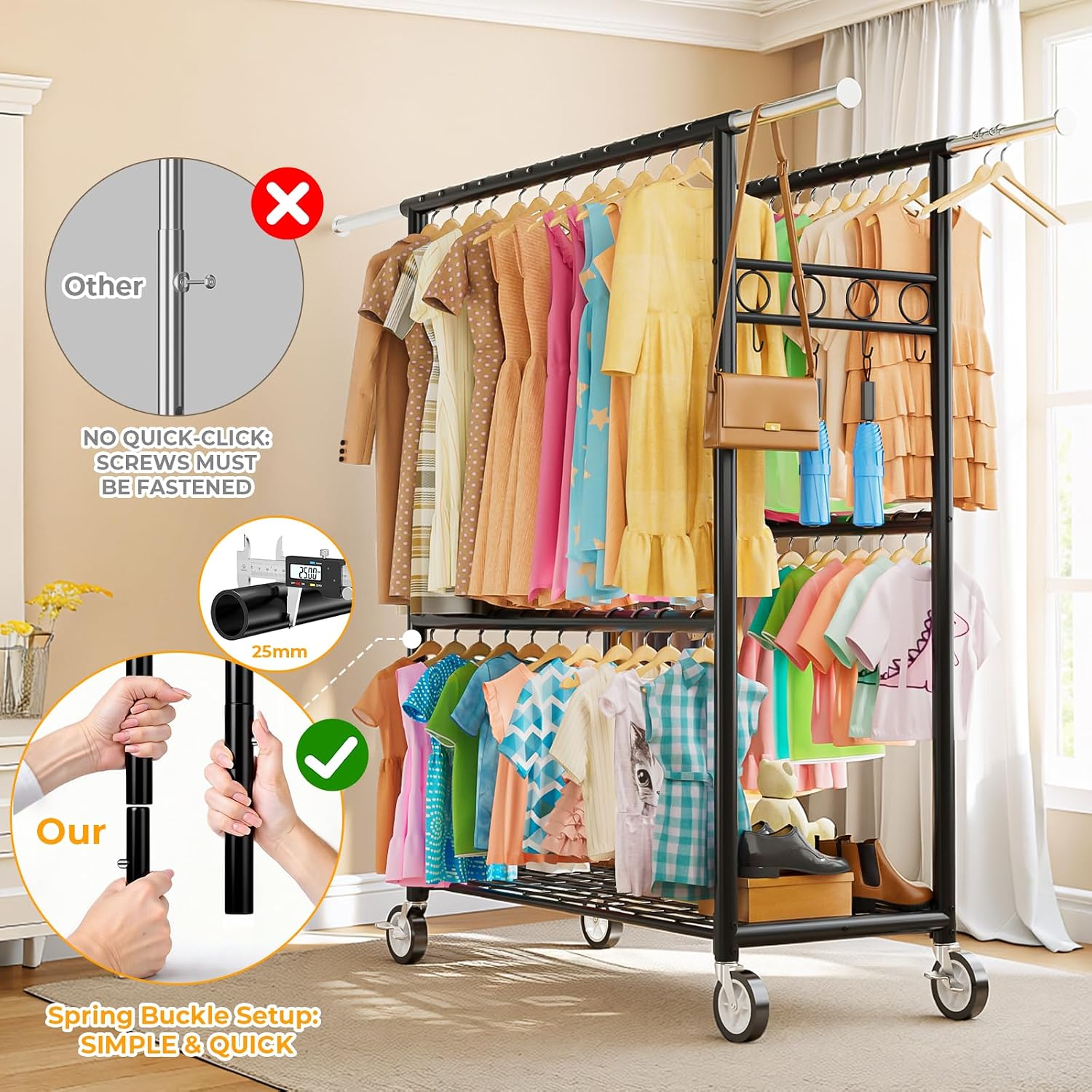 Heavy Duty Clothes Rack Load 1060LBS, Four Rods Rolling Clothing Racks for Hanging Clothes, Rolling Garment Rack With Sturdy Wheels Shelves Hooks, Portable & Adjustable Commercial Garment Rack, Black