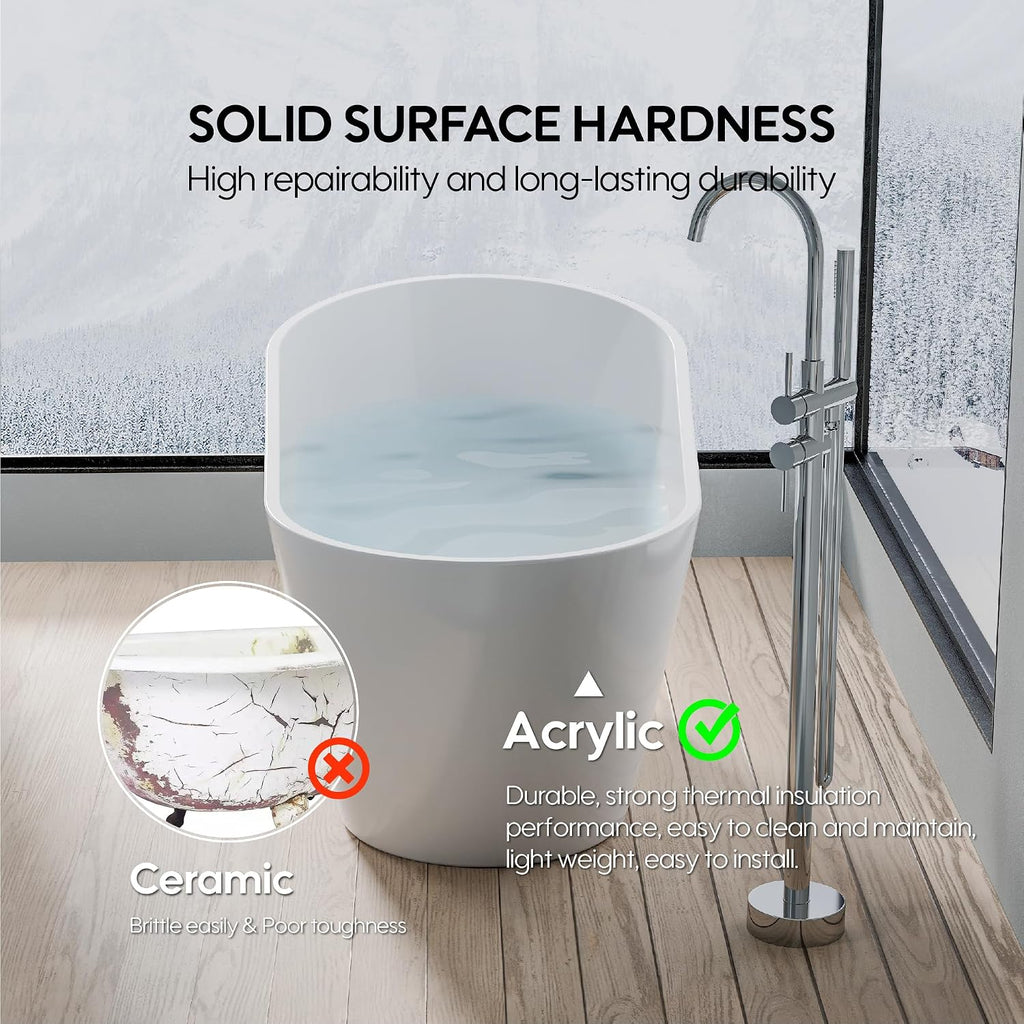 WELLFOR 59-Inch Freestanding Glossy White Acrylic Bathtub with Chrome Bathtub Drain and Integrated Slotted Overflow, Freestanding Soaking Bathtub Glossy White, Acrylic Soaking Tub (Glossy White)