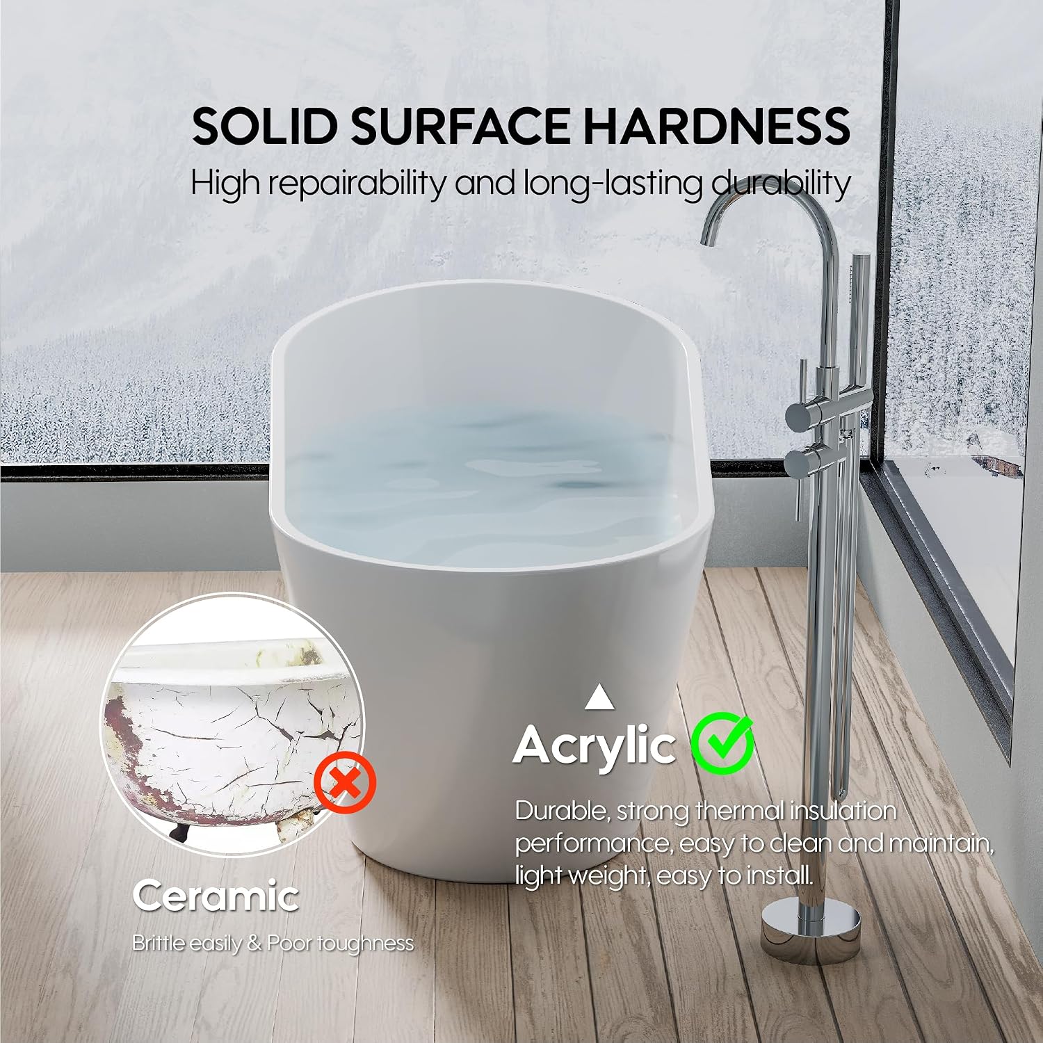 WELLFOR 59-Inch Freestanding Glossy White Acrylic Bathtub with Chrome Bathtub Drain and Integrated Slotted Overflow, Freestanding Soaking Bathtub Glossy White, Acrylic Soaking Tub (Glossy White)