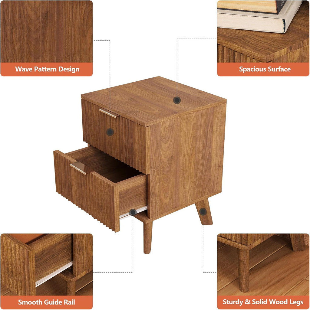 Nightstands Set of 2 with Drawers, Modern Large Striped Bed Side Table with 2 Drawers, Mid Century Modern Night Stand Set for Bedroom, Bedside End Table with Storage and Solid Wood Legs (Walnut)