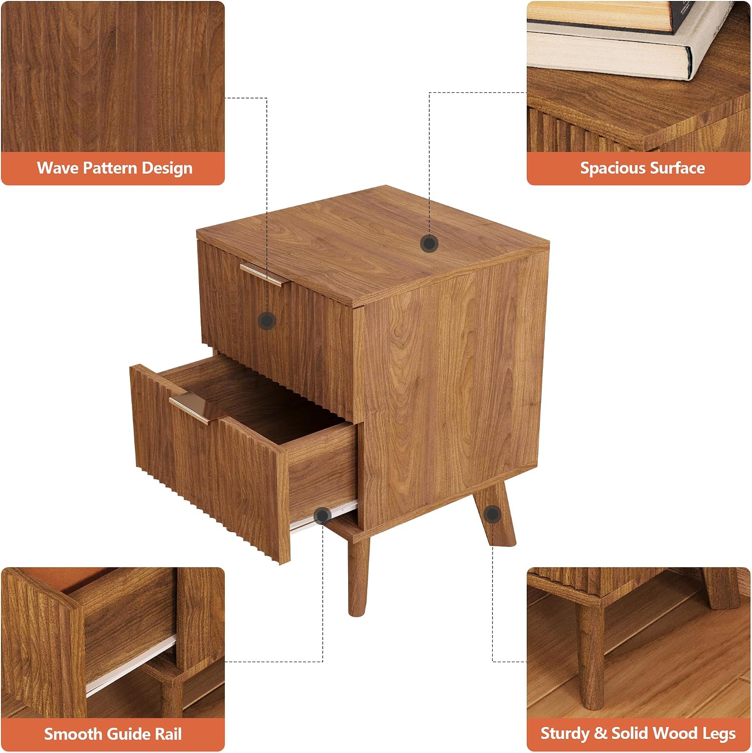 Nightstands Set of 2 with Drawers, Modern Large Striped Bed Side Table with 2 Drawers, Mid Century Modern Night Stand Set for Bedroom, Bedside End Table with Storage and Solid Wood Legs (Walnut)