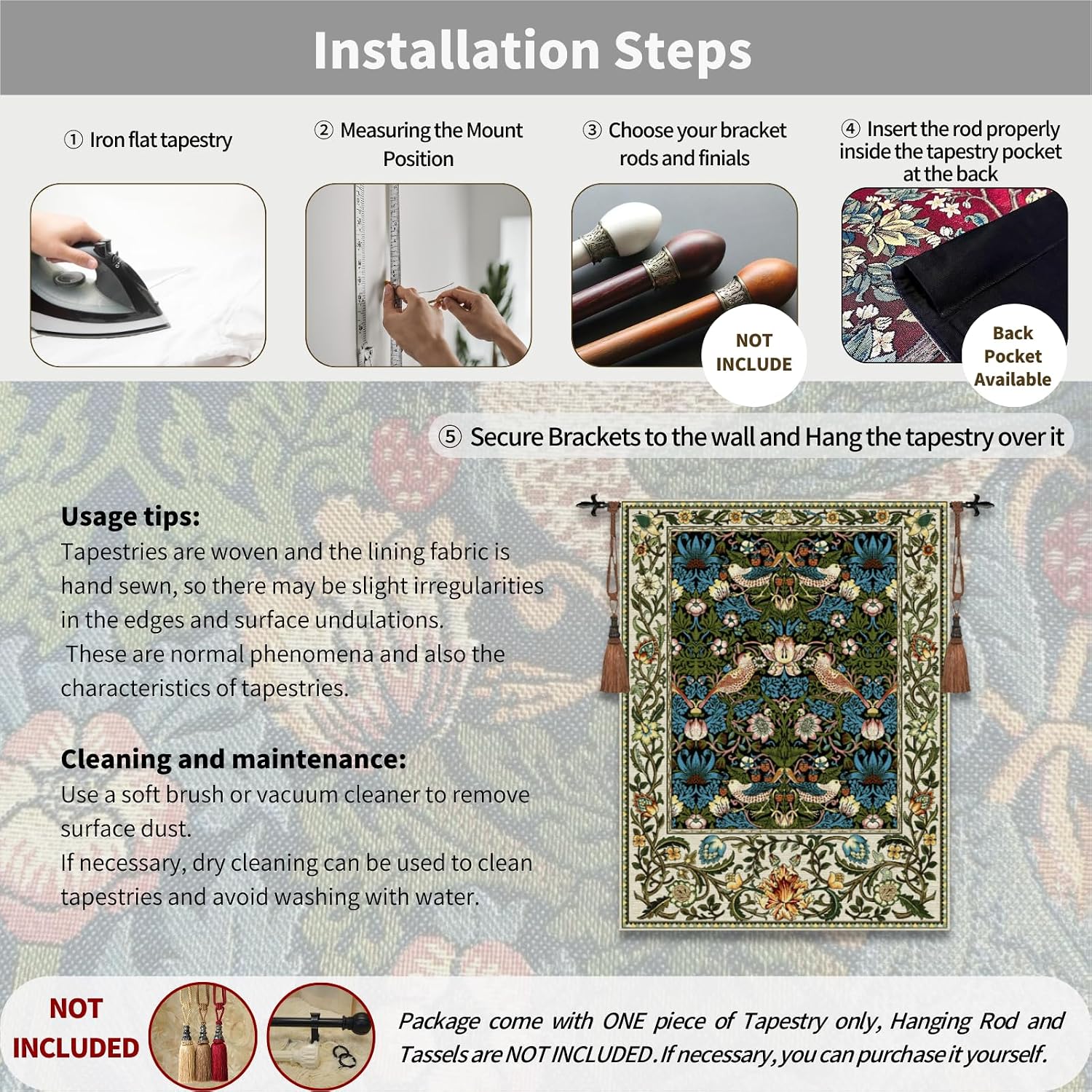 ORIMONY William Morris Strawberry Thief Tapestry - Vintage Floral Bird Art, Medieval Jacquard Woven Tapestry Wall Hanging for Living Room & Bedroom Size 27'x35' (Black)