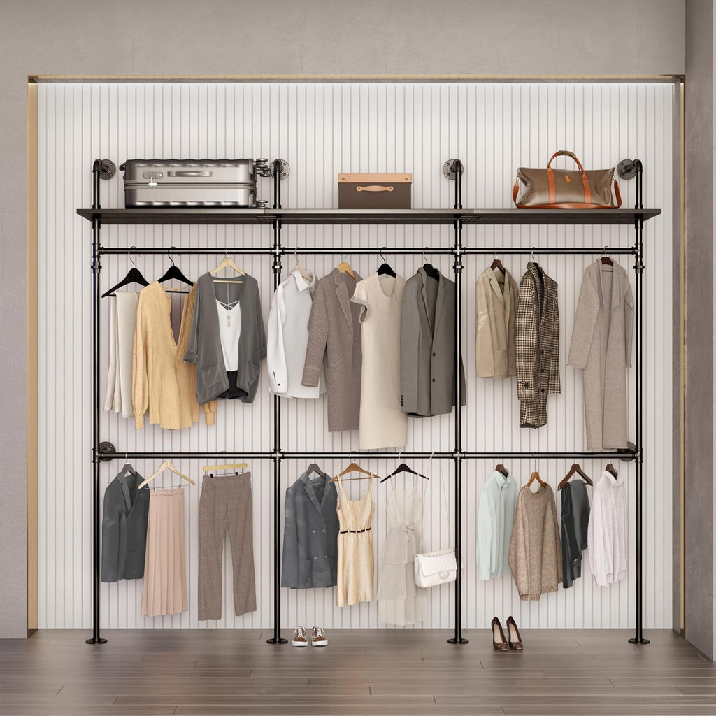 Industrial Pipe Clothing Rack Reversible 118.3'' Clothes Rack for Hanging Clothes Heavy Duty Garment Rack Closet Wardrobe Rack with LED Lights Shelves Walk-in Closet System Black Three