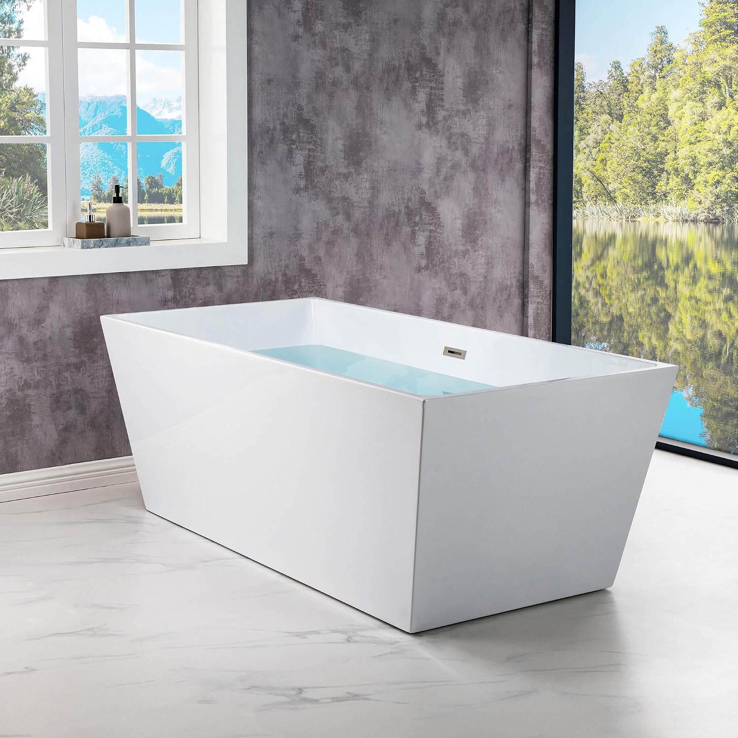 WOODBRIDGE 67' Acrylic Freestanding Bathtub Contemporary Soaking White Tub with Brushed Nickel Overflow and Drain，BTA1512-B/N-Drain&O
