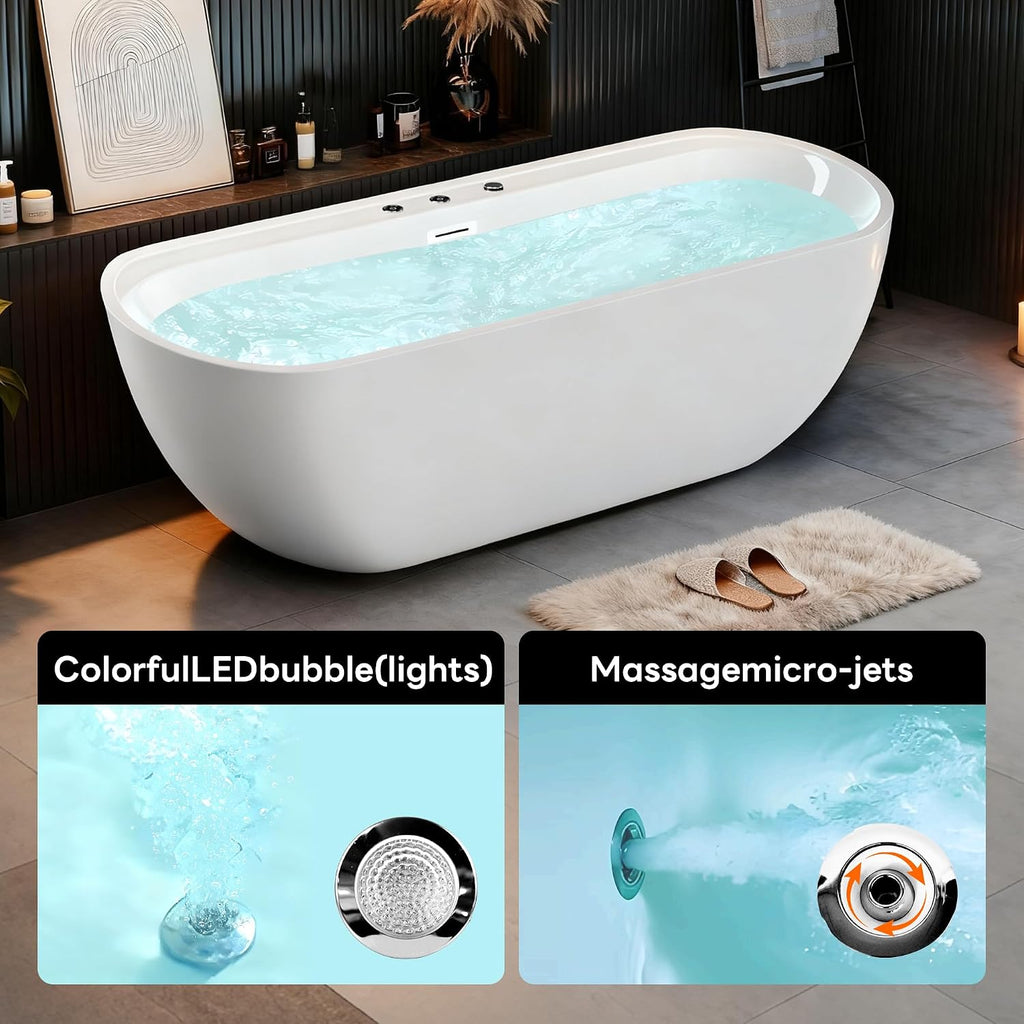 67' Freestanding Whirlpool Bathtub, Jetted Tub with 6 Hydro Massage Jets & 8 bubble bath jets, Chromatherapy Color-Changing LED Light & Pneumatic adjust system, Air Bath Soaking, Acrylic, UL Certified