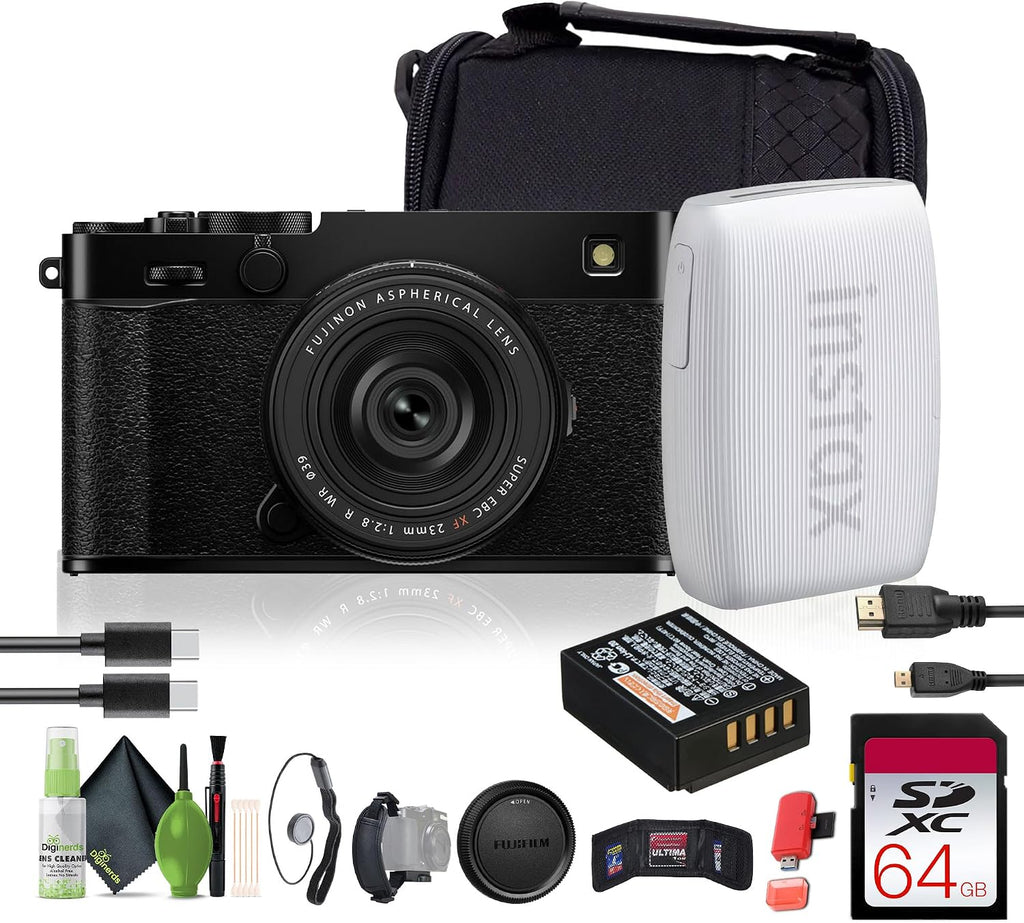 FUJIFILM X-E5 Mirrorless Digital Camera with XF 23mm f/2.8 Lens (Black) Bundle with Fuji INSTAX Mini Link 3 Smartphone Printer - White + 64GB UHS-II SDXC Memory Card + Micro HDMI Cable + More