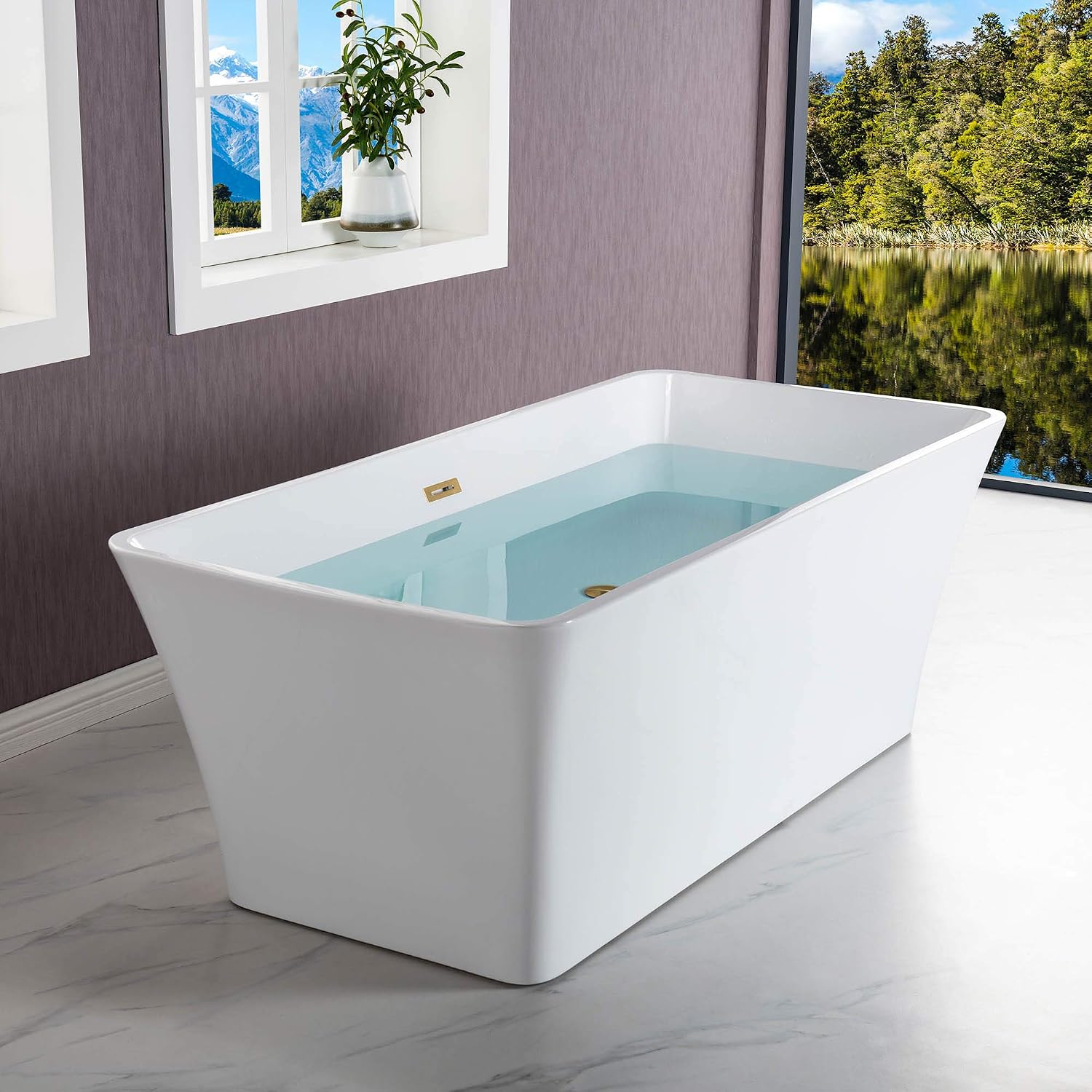 WOODBRIDGE 59'Freestanding White Acylic Soaking Bathtub with White Pillow,Drain and Overflow inBrushed Gold,BTA1509 -BG-Drain &O+ Pillow