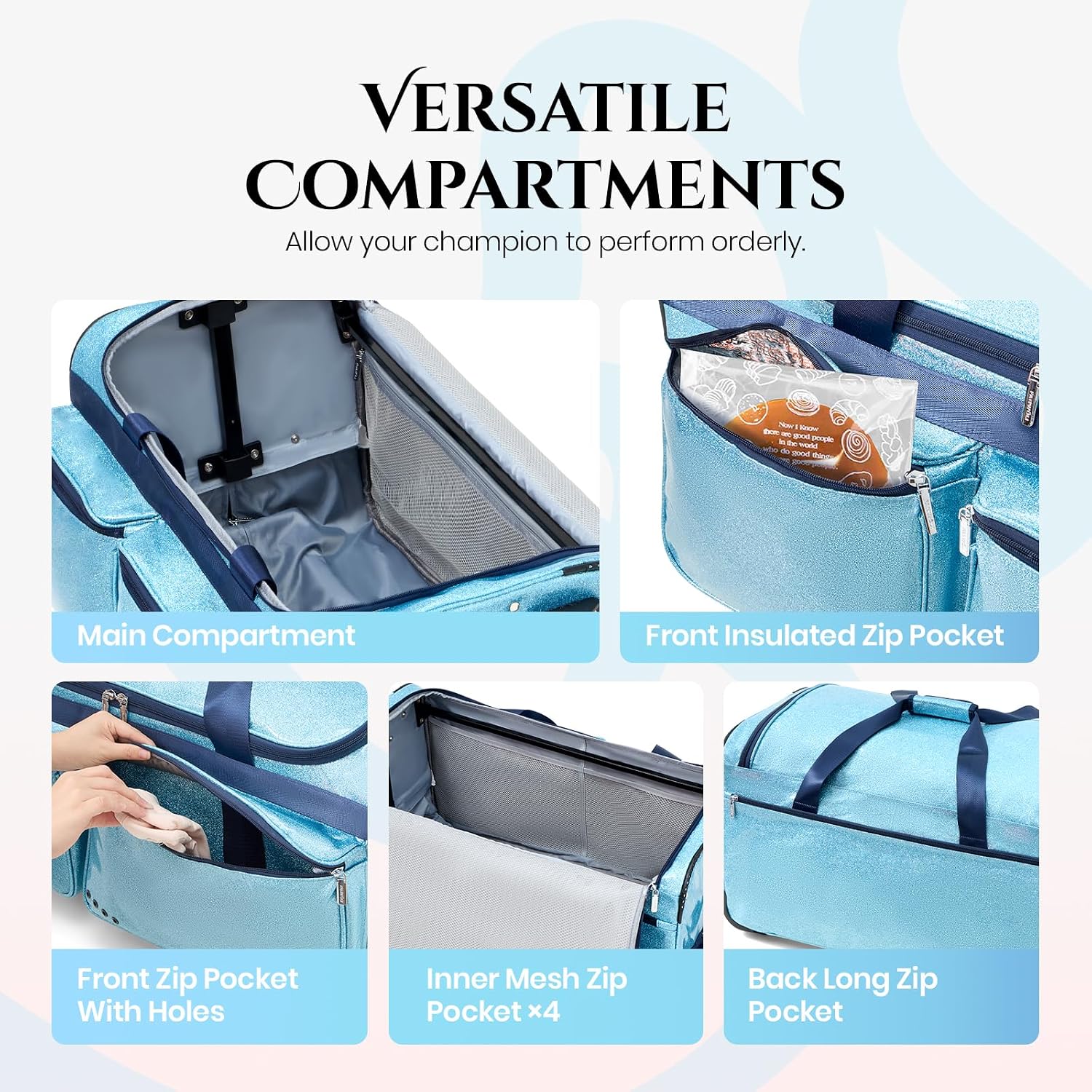 Fanwoli 23' Dance Bag with Garment Rack | Glittering Waterproof Fabric | Shine-Bright Collection | Ideal Competition Rolling Duffle Bag for Dancer Cheerleader Little Princess | Sparkle Blue
