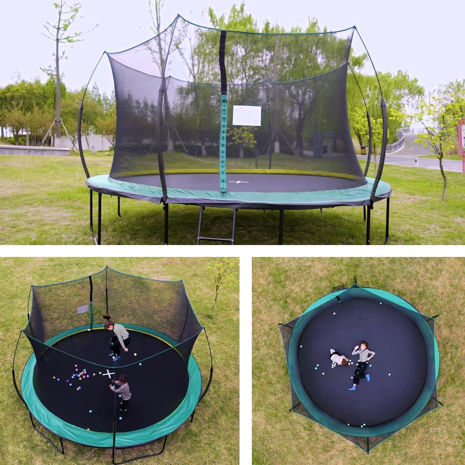1400LBS 6FT 8FT 10FT 12FT 14FT Springless Trampolines for Kids and Adults, ASTM Approved Outdoor Trampoline with Enclosure Net, Backyard Trampoline with Curved Poles and Bungee Cords
