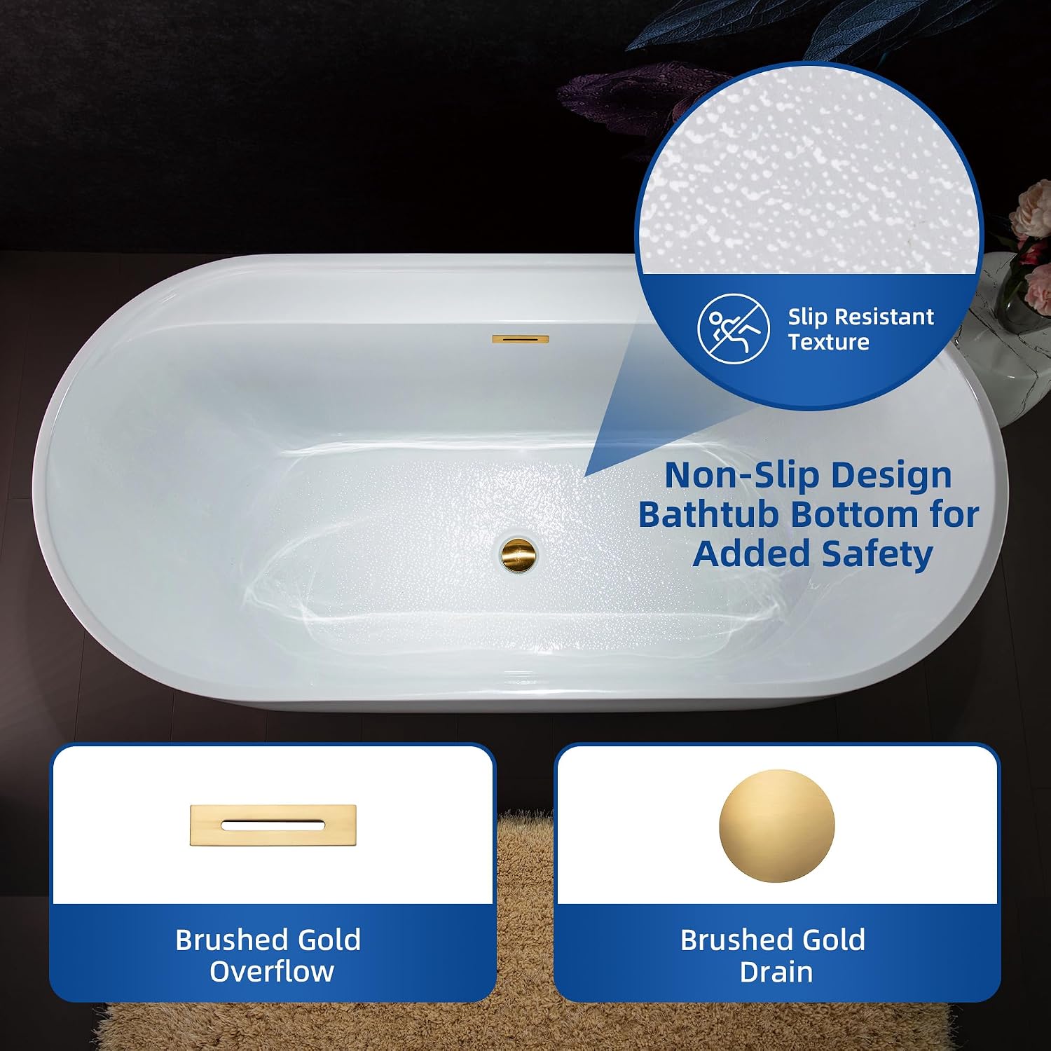 WOODBRIDGE 67' Acrylic Freestanding Bathtub Contemporary Soaking White Tub with Brushed Gold Overflow and Drain,B0063-BG