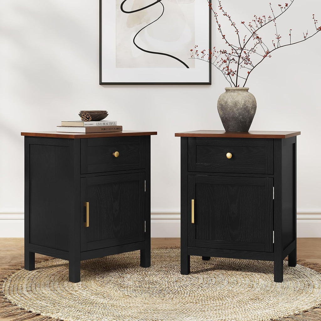 ARTPOWER Nightstand Set of 2, Wood Bedside Table with Drawers, Farmhouse Modern End Table with Cabinet Storage, Night Stands for Bedroom, Black