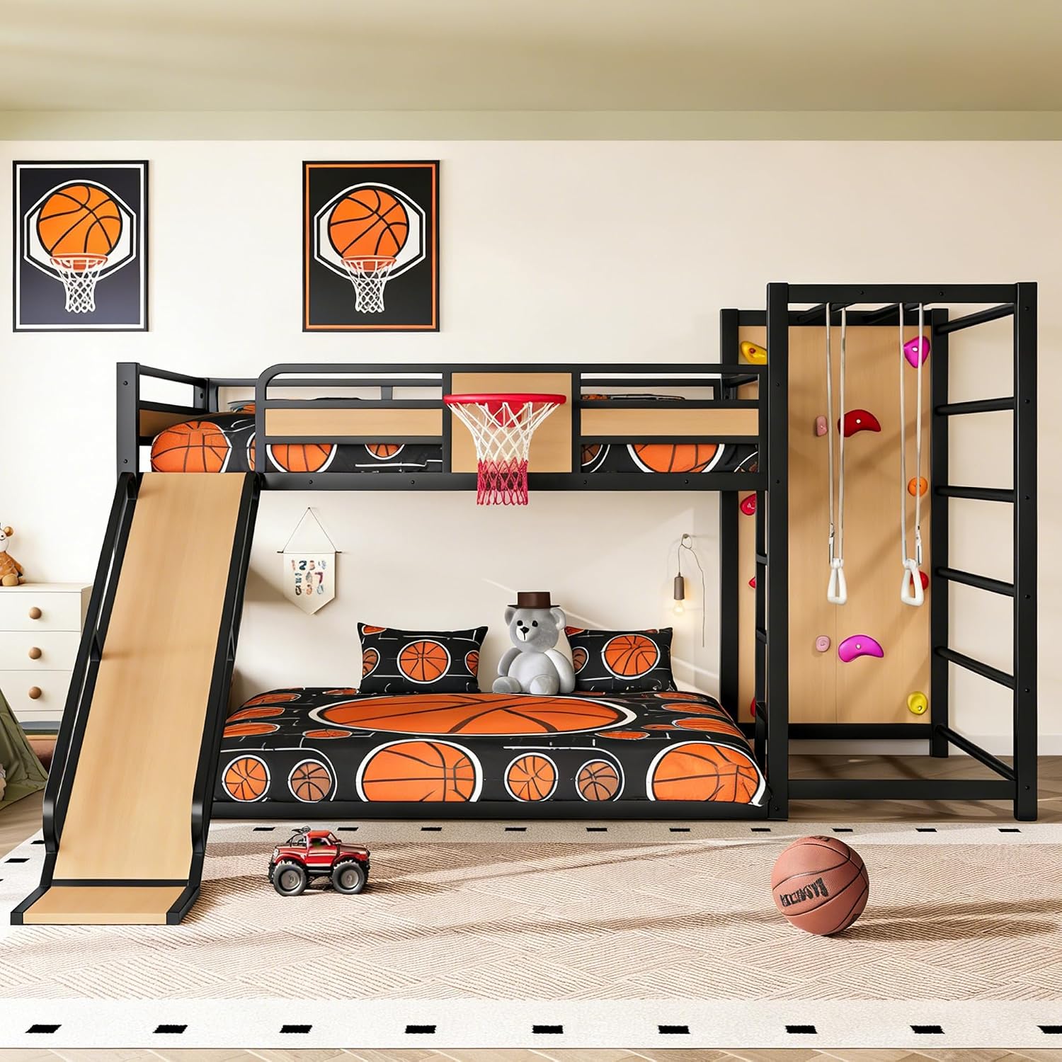 Bellemave Metal Full Over Full Bunk Bed Frame with Slide,Full Size Floor Bunk Bed and Basketball Hoop,Pull-up Rings and Climbing Wall,Heavy Duty Bunk Beds with Bookshelves for Kids Girls Boys,Natural
