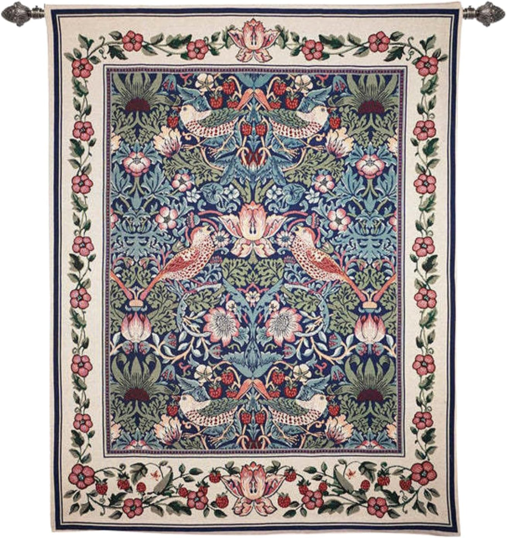 ORIMONY William Morris Strawberry Thief Tapestry - Vintage Floral Bird Art, Medieval Jacquard Woven Tapestry Wall Hanging for Living Room & Bedroom Size 27'x35' (Blue)