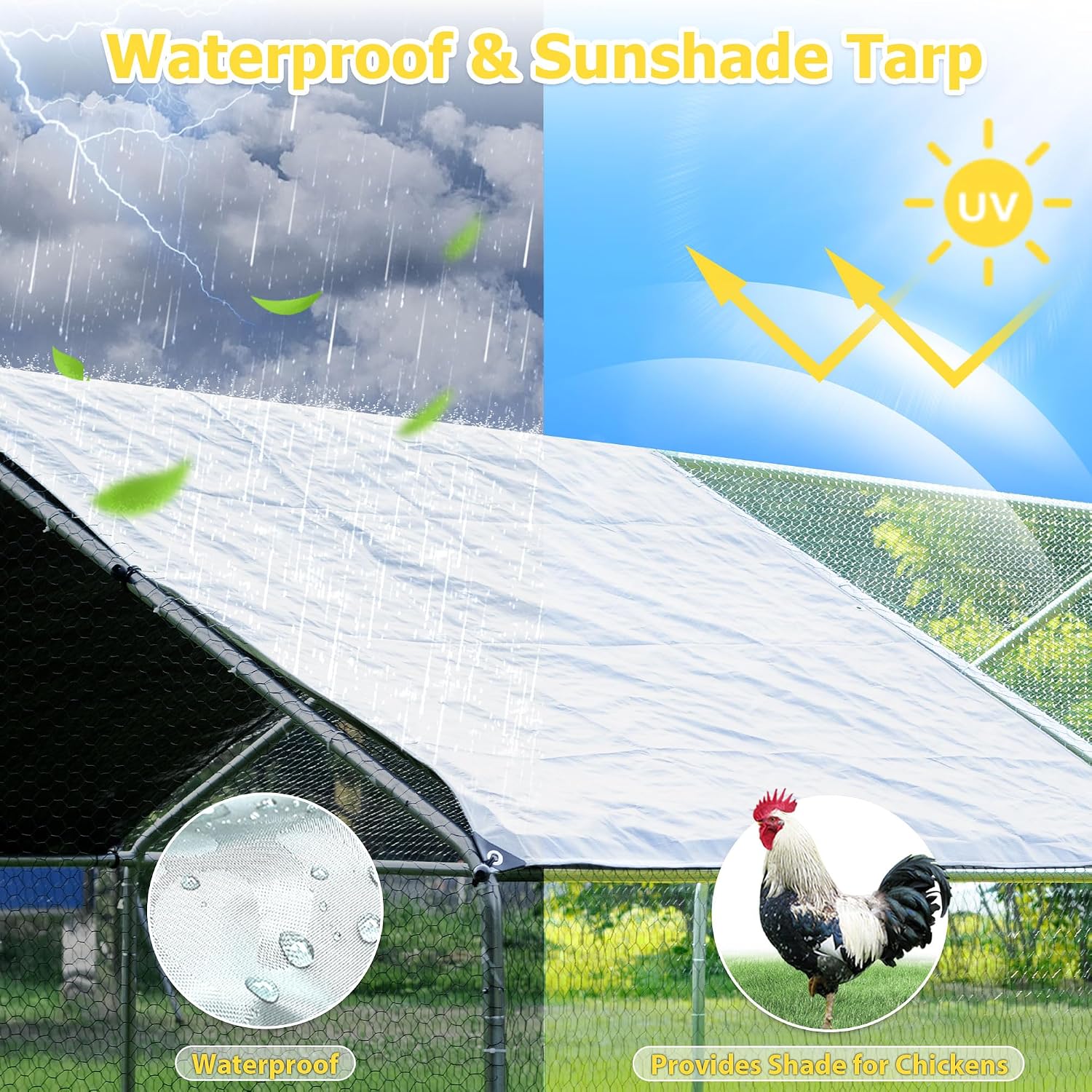 Large Metal Chicken Coop, Chicken Runs for Yard with Cover Walk-in Poultry Cage for 10 20 Chickens, Chicken Pen Duck Coop with Water-Resident Top and Feeding Door, Spire Hen House 12.8Lx9.84Wx6.6H FT
