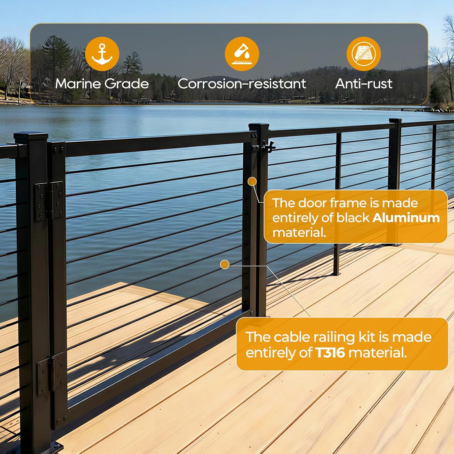 Aluminum Cable Railing Gate 32.5' Height | Adjustable up to 36' Wide Black Powder-Coated Railing Gate with with Patented Pre-install Cable Railing Kit