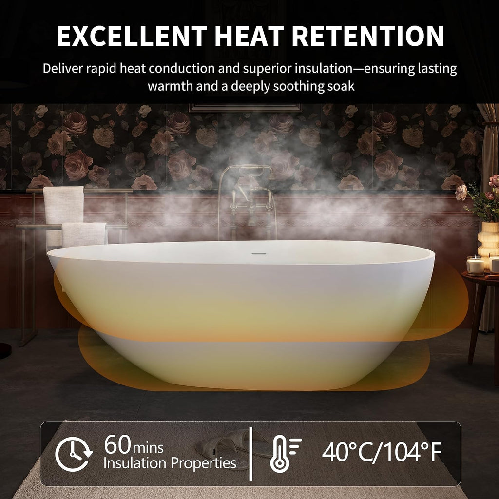 67' Freestanding Solid Bathtub, Luxury Engineered Stone Resin Freestanding Soaking Bathtub with Overflow and Pop up Drain for Bathroom, Matte White 24S02 67MW