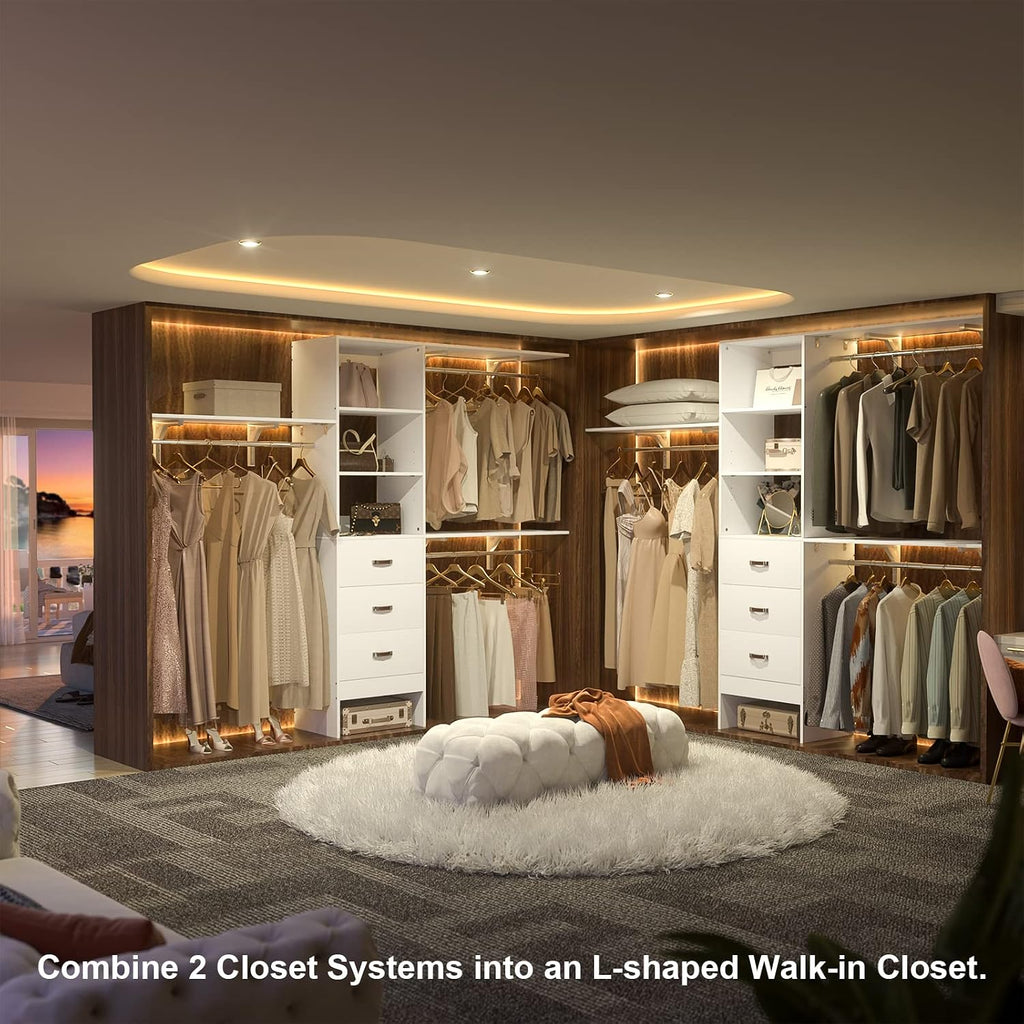 Armocity 96' Wood Closet System with 3 Enclosed Drawers & 3 Solid Shelves, 8FT Adjustable Closet Organizers and Storage, Heavy Duty Modular Wardrobe for Reach-In & Walk-In, 1000 LBS Load, White
