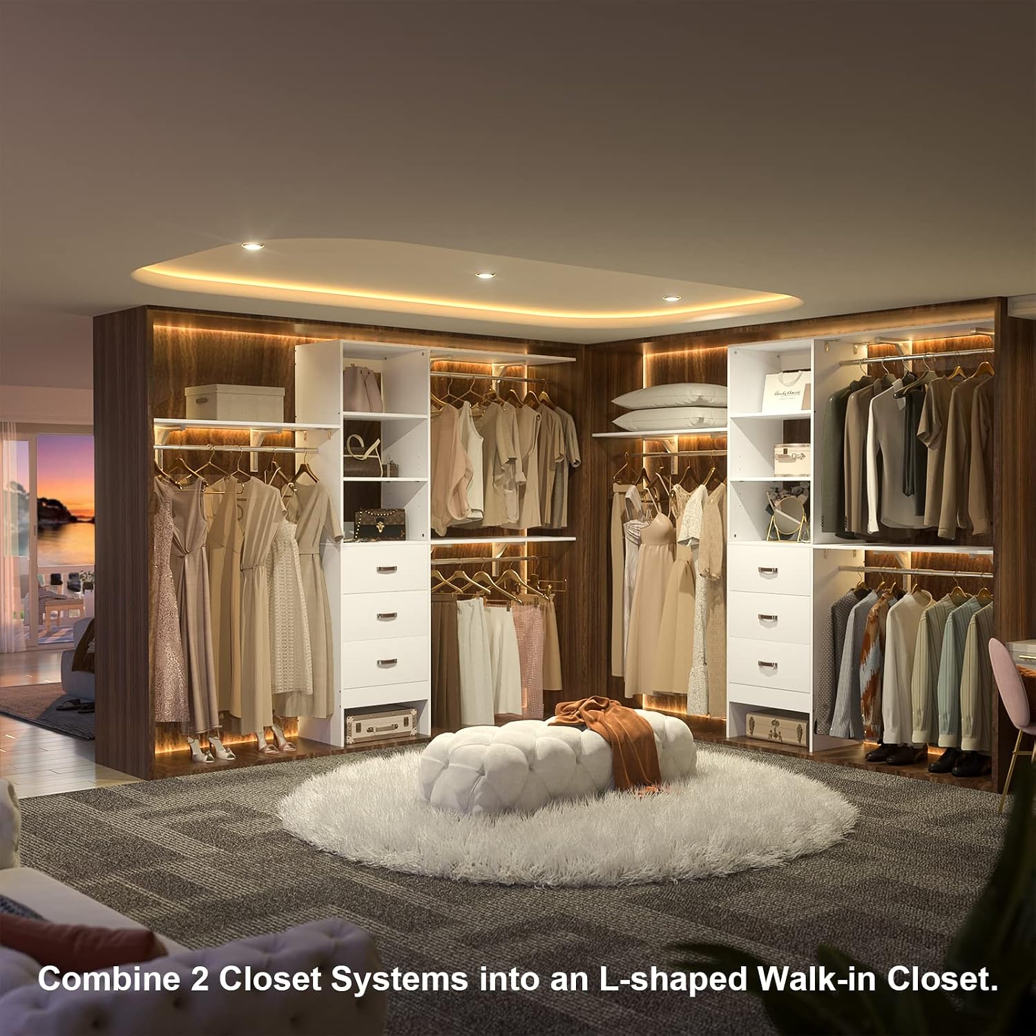 Armocity 96' Wood Closet System with 3 Enclosed Drawers & 3 Solid Shelves, 8FT Adjustable Closet Organizers and Storage, Heavy Duty Modular Wardrobe for Reach-In & Walk-In, 1000 LBS Load, White