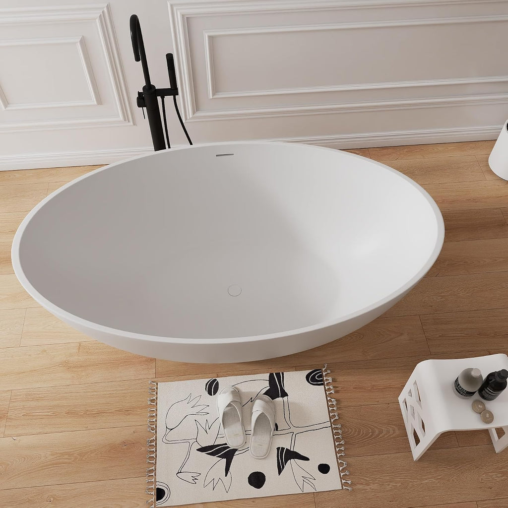 67' Premium Freestanding Bathtub Solid Surface Soaking Tub with Overflow and Pop-up Drain, Matte White