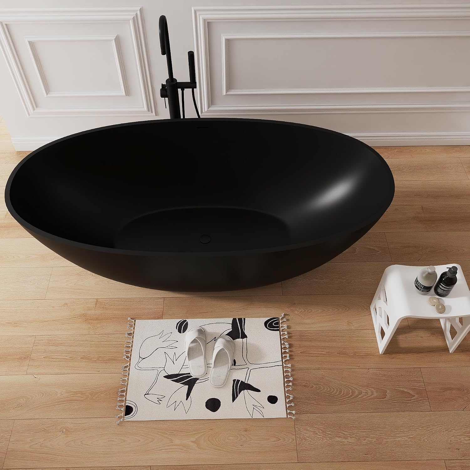 71' Premium Solid Surface Freestanding Bathtub,Oval Shape Stone Resin Soaking Tub with Overflow and Pop-up Drain, Matte Black
