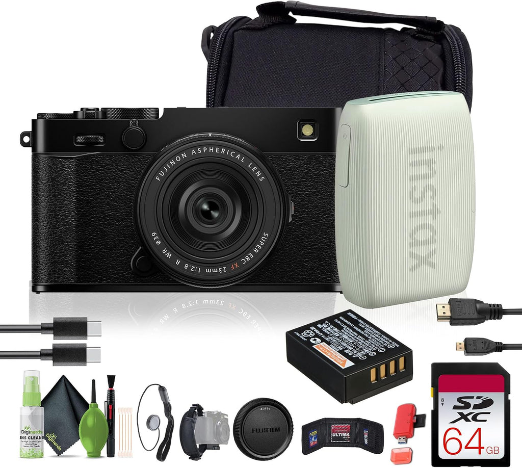 FUJIFILM X-E5 Mirrorless Digital Camera with XF 23mm f/2.8 Lens (Black) Bundle with Fuji INSTAX Mini Link 3 Smartphone Printer - Green + 64GB UHS-II SDXC Memory Card + Micro HDMI Cable + More