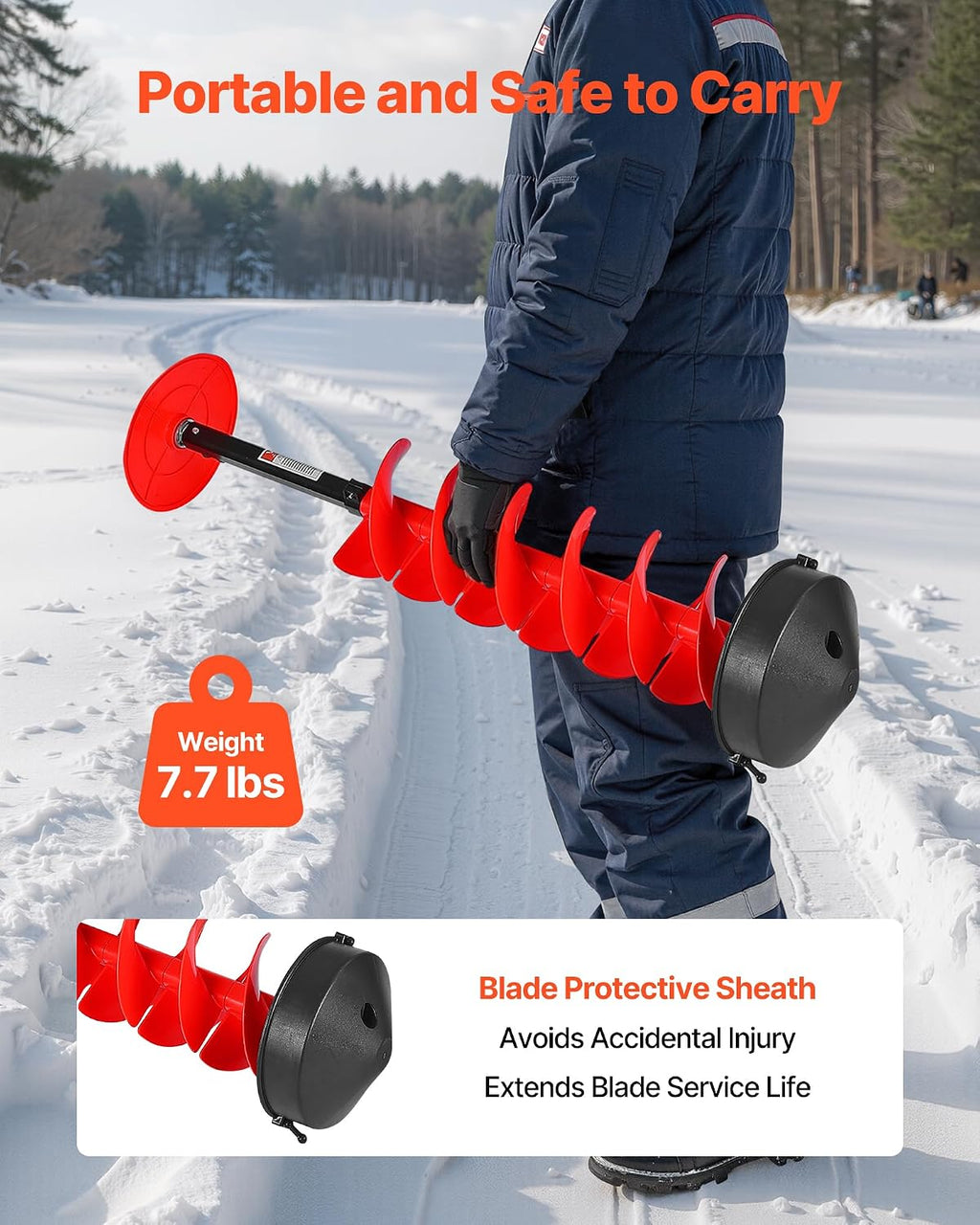 VEVOR Nylon Ice Auger Drill Bit, 8' Diameter 41' Length, Cordless Ice Augers for Ice Fishing with Extra 13.4in Extension Rod, Drill Adapter, Top Plate and Blade Guard