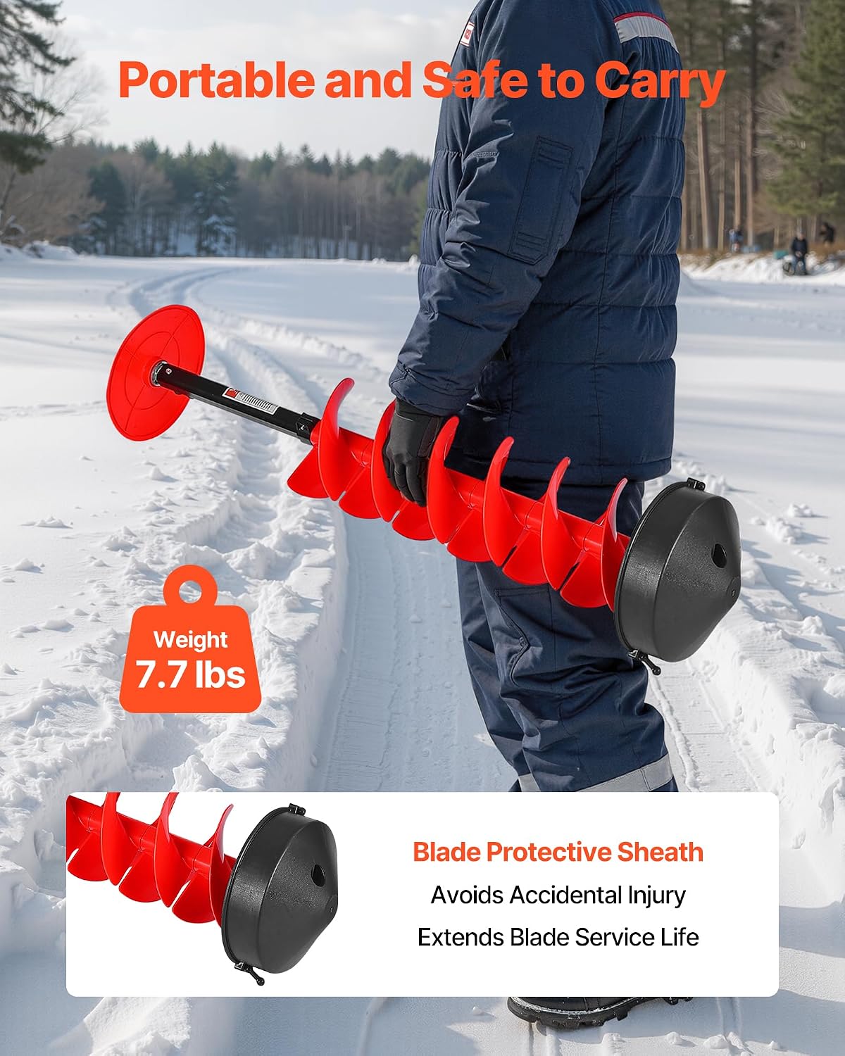 VEVOR Nylon Ice Auger Drill Bit, 8' Diameter 41' Length, Cordless Ice Augers for Ice Fishing with Extra 13.4in Extension Rod, Drill Adapter, Top Plate and Blade Guard